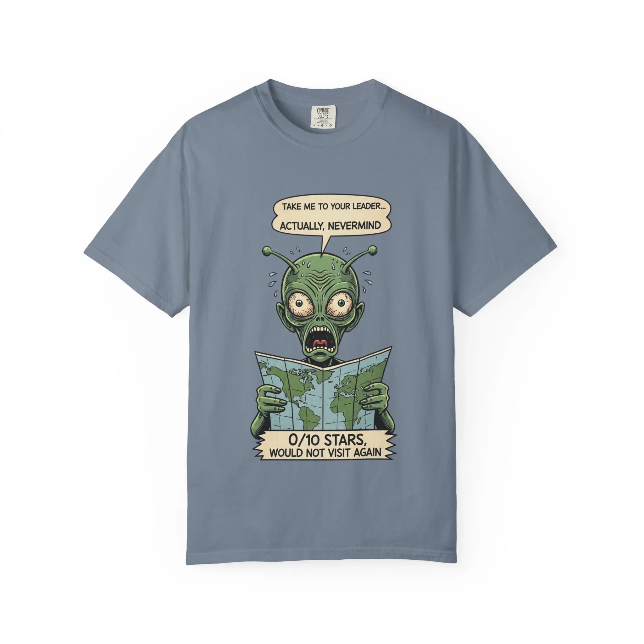 Funny Alien Shirt - Sarcastic Earth Review Tee - Vintage Sci-Fi Lover Gift - 0 Out Of 10 Stars Meme Tshirt - Retro UFO Graphic Top for Introverts Blue Jean