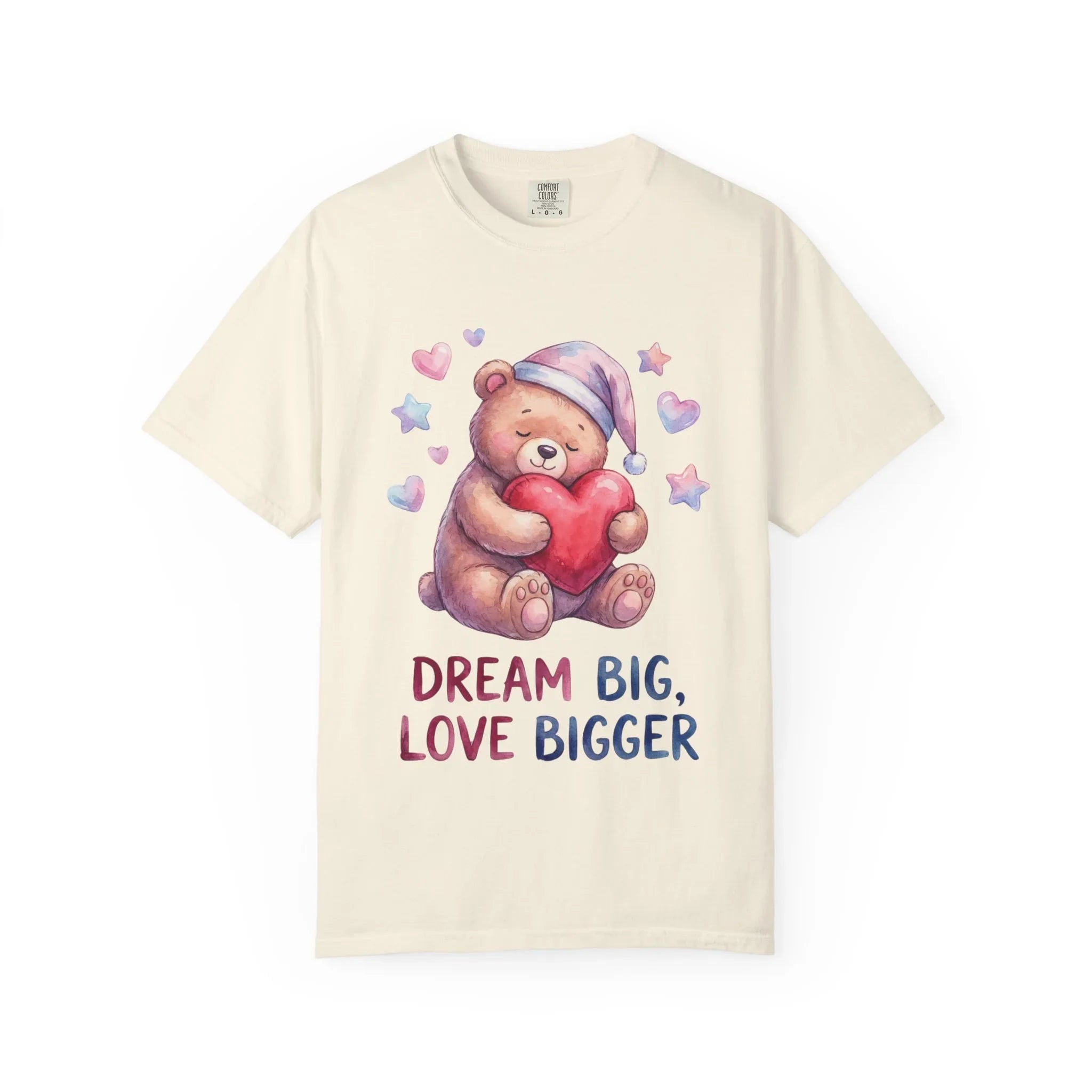 Teddy Bear Holding Heart Dream Big Love Bigger T Shirt Watercolor Cozy Vintage Aesthetic Gift Lovers Soft Cotton Motivational Tee Ivory