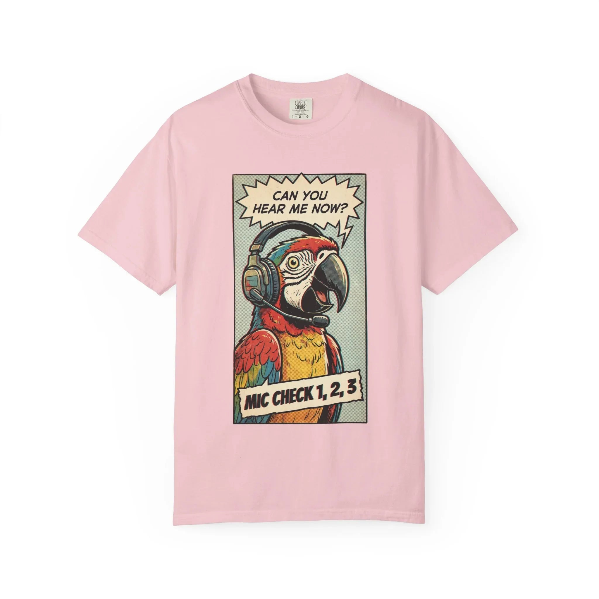 Funny Parrot Gamer Shirt - Vintage Comic Pop Art T-Shirt - Retro Macaw Bird "Mic Check" Graphic Tee - Sarcastic Podcast & Streamer Gift - Aesthetic Bird Lover Streetwear Blossom