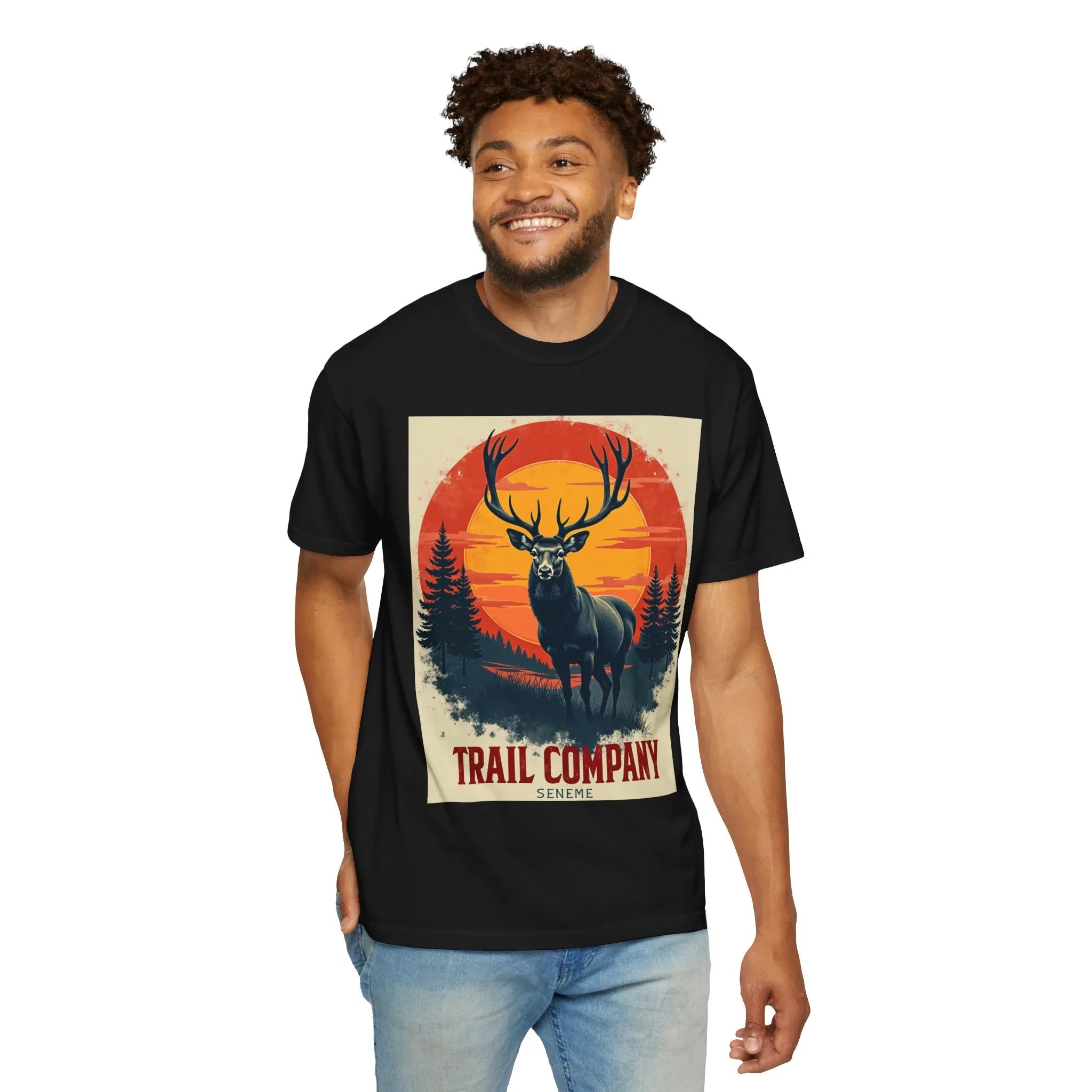 Stag Sunset Trail Company Shirt, Vintage Elk Deer Tee, Retro Sunset Forest T-Shirt, Hiking Camping Cabin Outdoors Gift Black