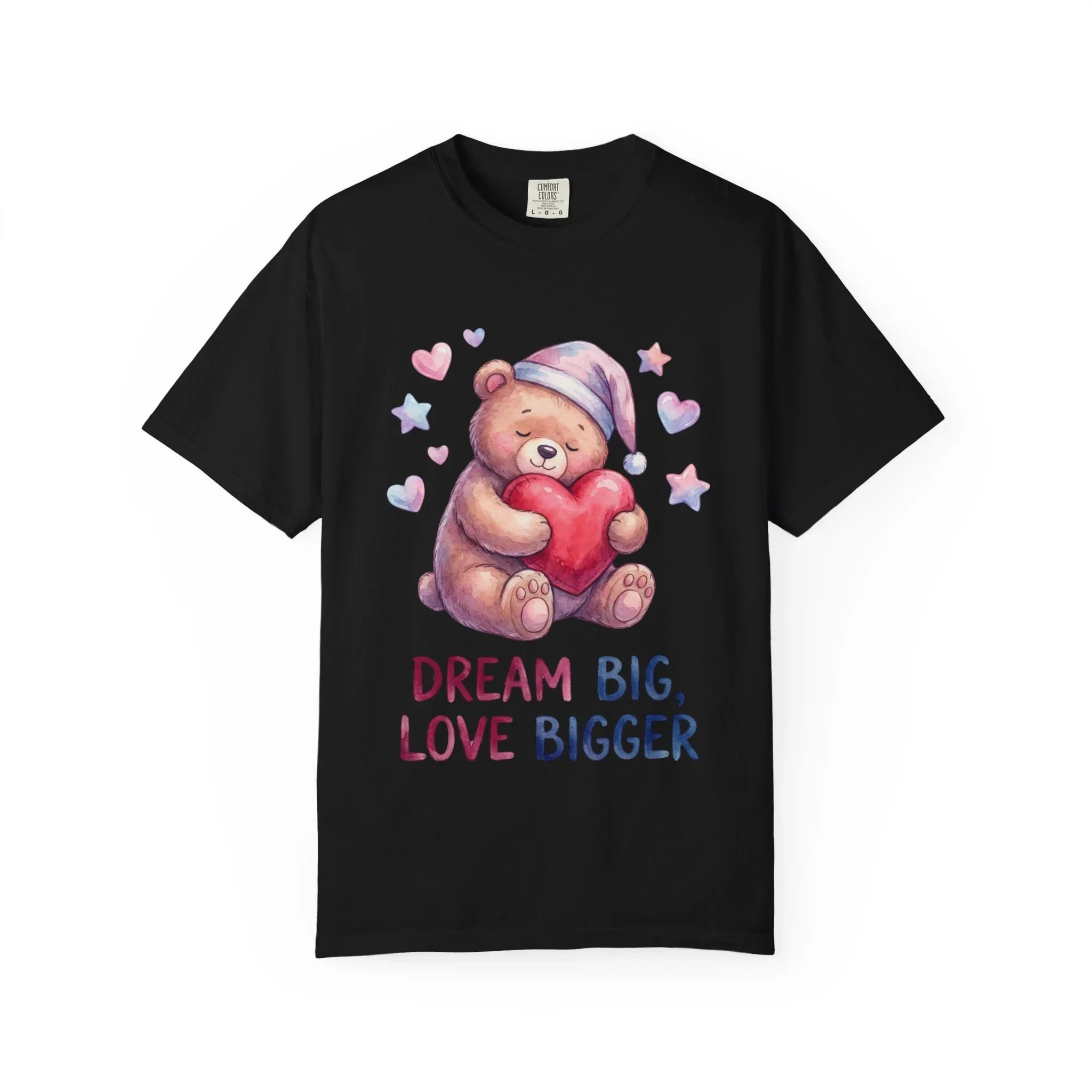Teddy Bear Holding Heart Dream Big Love Bigger T Shirt Watercolor Cozy Vintage Aesthetic Gift Lovers Soft Cotton Motivational Tee Black