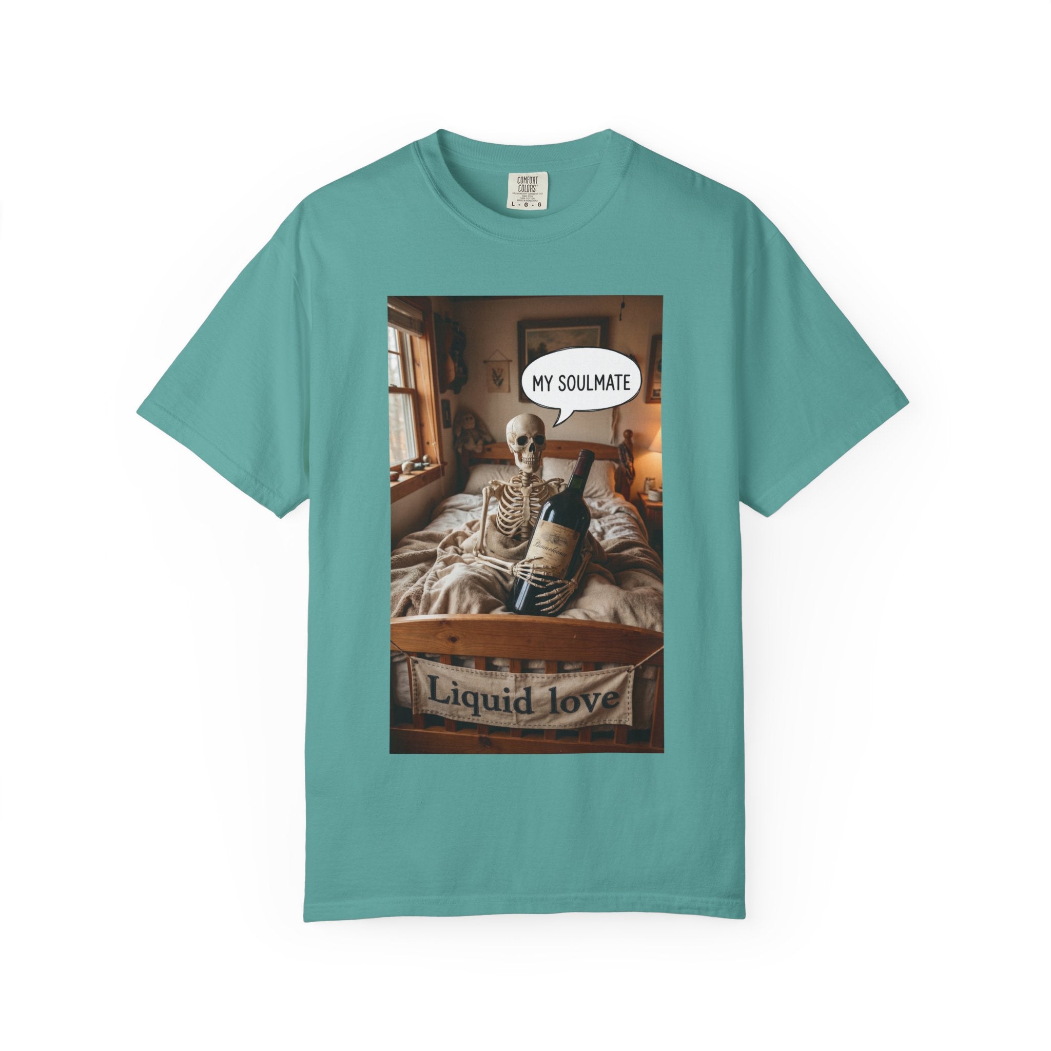 Liquid Love Skeleton Wine Shirt - Funny Soulmate Gift - Dark Humor T-Shirt - Gothic Cottagecore Graphic Tee - Sarcastic Wine Enthusiast Apparel Seafoam