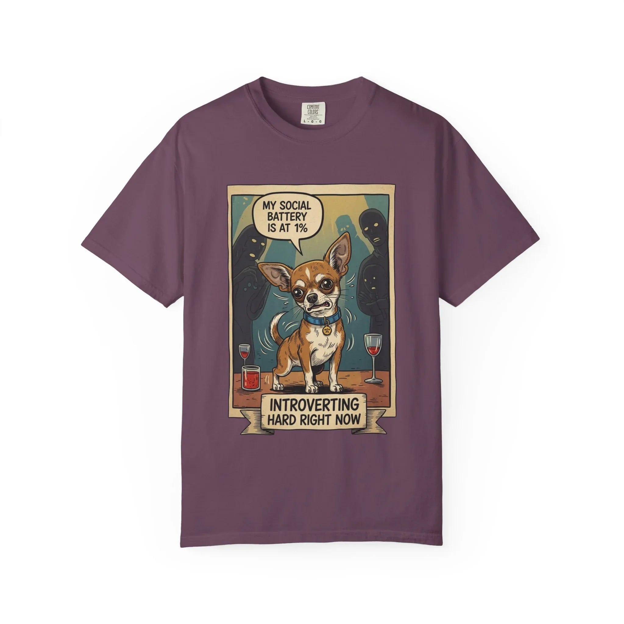 Funny Chihuahua Shirt - "Social Battery 1 Percent" Introvert Tee - Sarcastic Dog Mom Gift - Retro Graphic T-Shirt - Humorous Dog Lover "Introverting Hard" Top Berry M