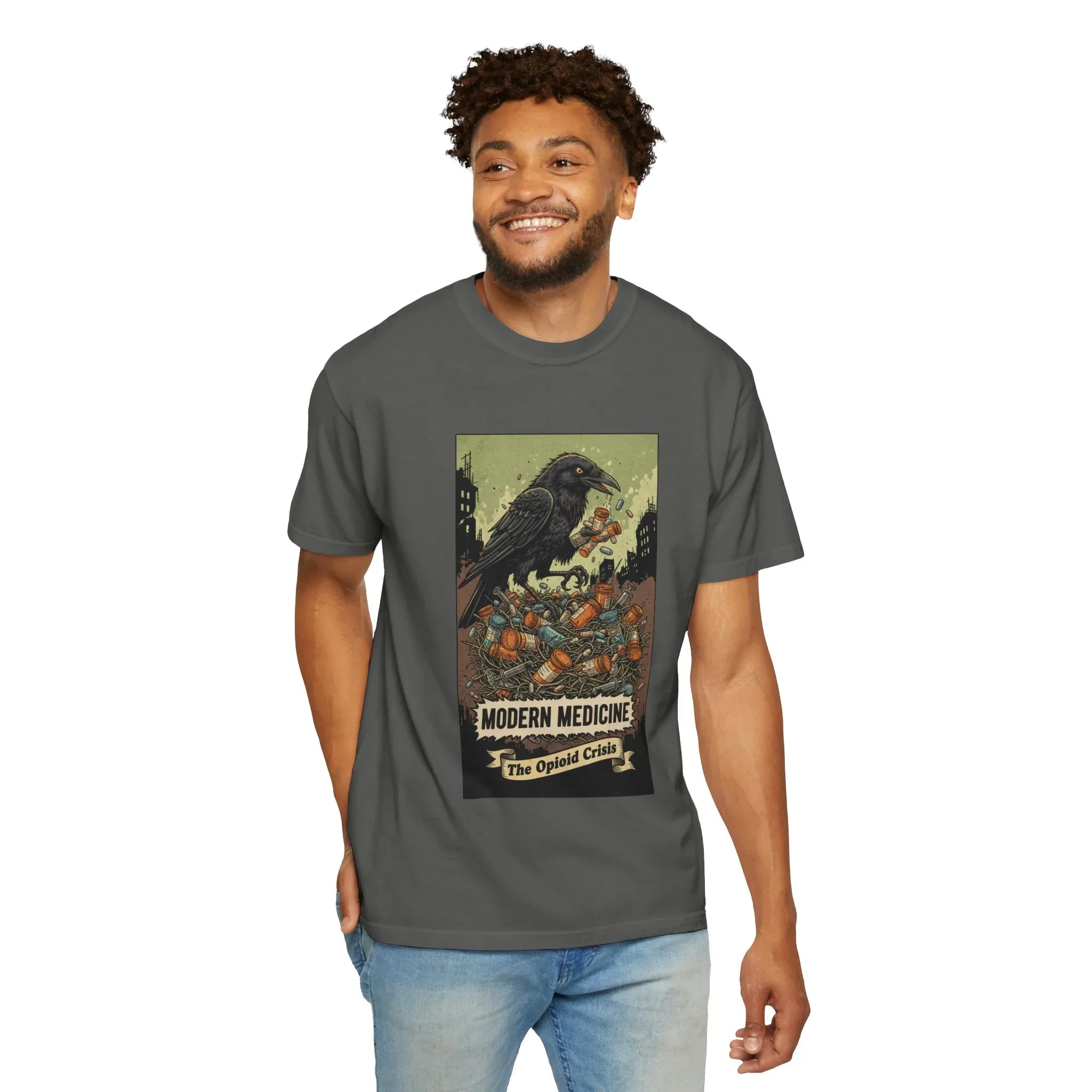 Modern Medicine Raven Shirt - Opioid Crisis Satire Tee - Dark Gothic Graphic T-Shirt - Vintage Social Commentary Art - Raven Nest Medicine Bottle Dark Humor Streetwear
