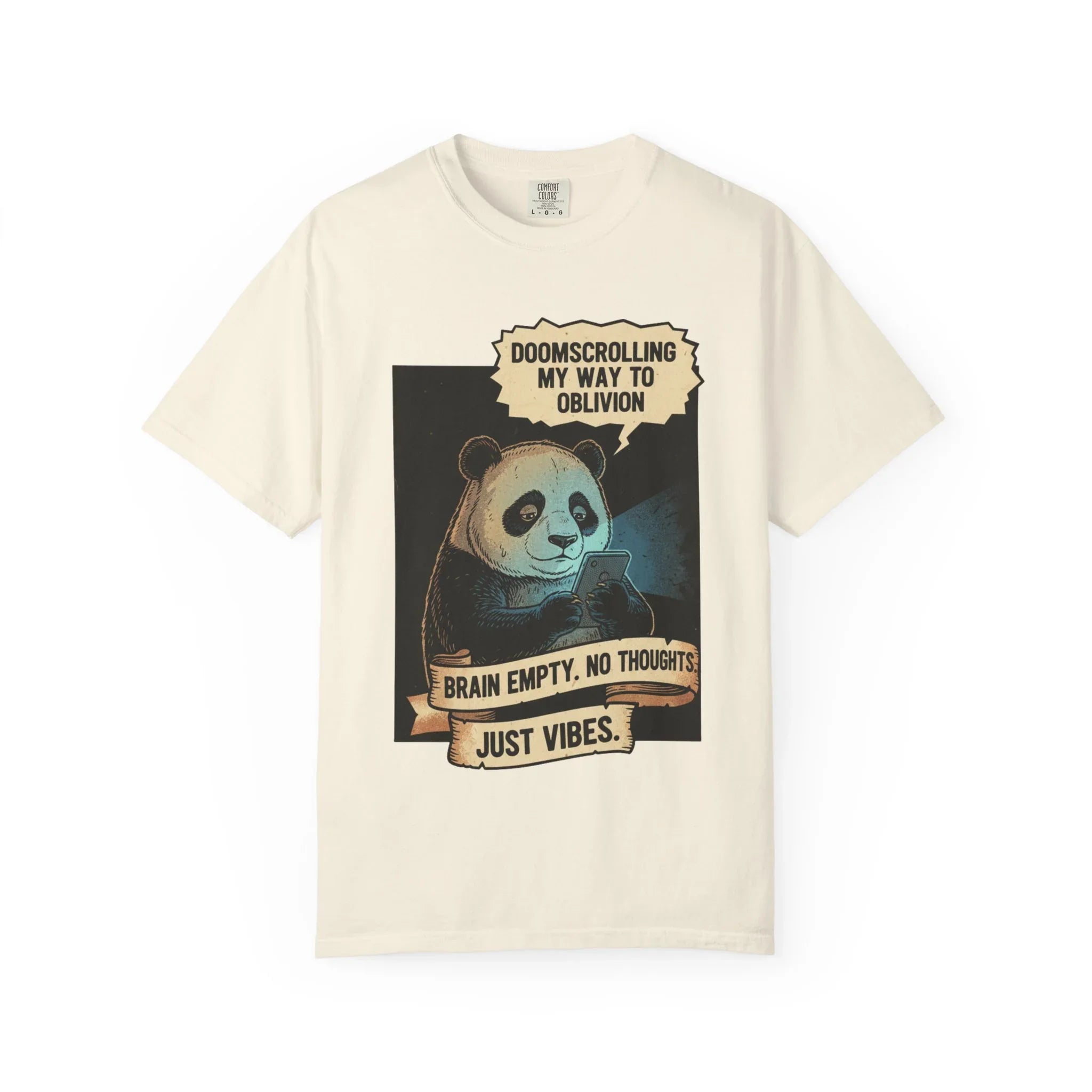 Funny Panda Doomscrolling Shirt - Brain Empty No Thoughts Just Vibes Tee - Retro Vintage Aesthetic T-Shirt - Relatable Digital Burnout Meme Gift - Smartphone Addict Introvert Top Ivory