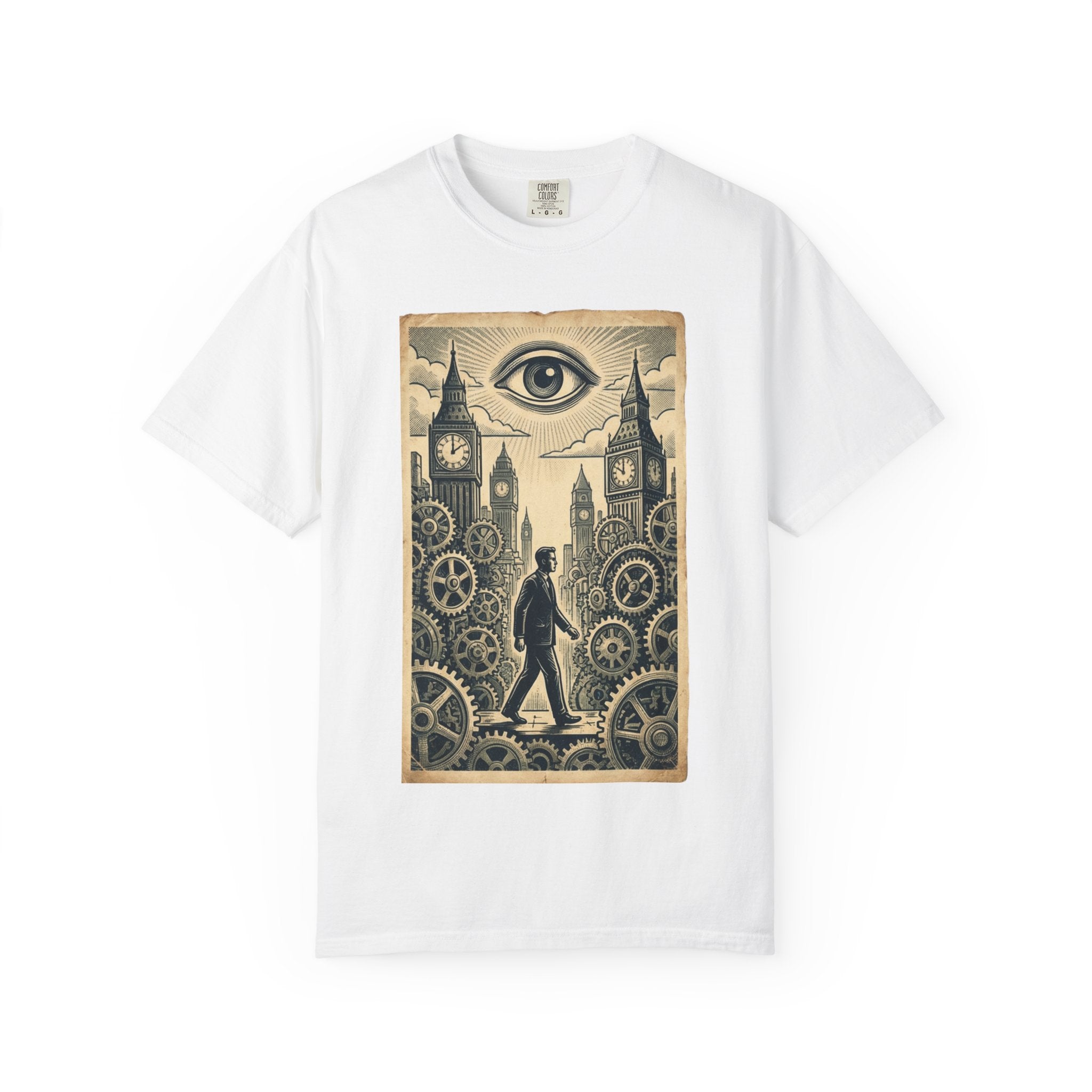 The Corporate Cog T-Shirt - Clockwork System Satire Tee - Funny Office Humor Shirt - Vintage Retro Propaganda Graphic - Sarcastic Work Gift White