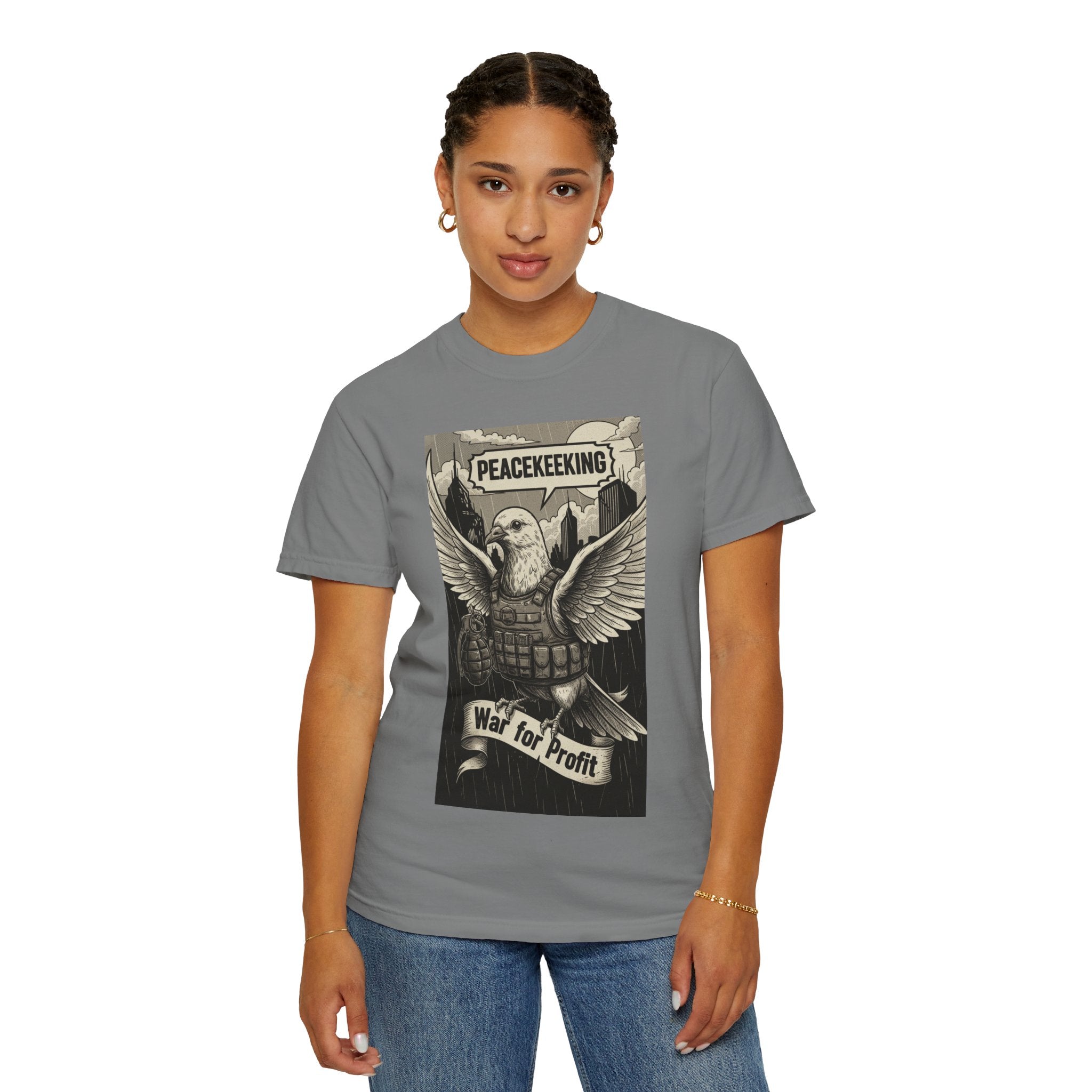 War for Profit Shirt - Peacekeeping Dove Satire T-Shirt - Anti-War Political Tee - Vintage Military Illustration - Sarcastic Social Commentary Gift Grey