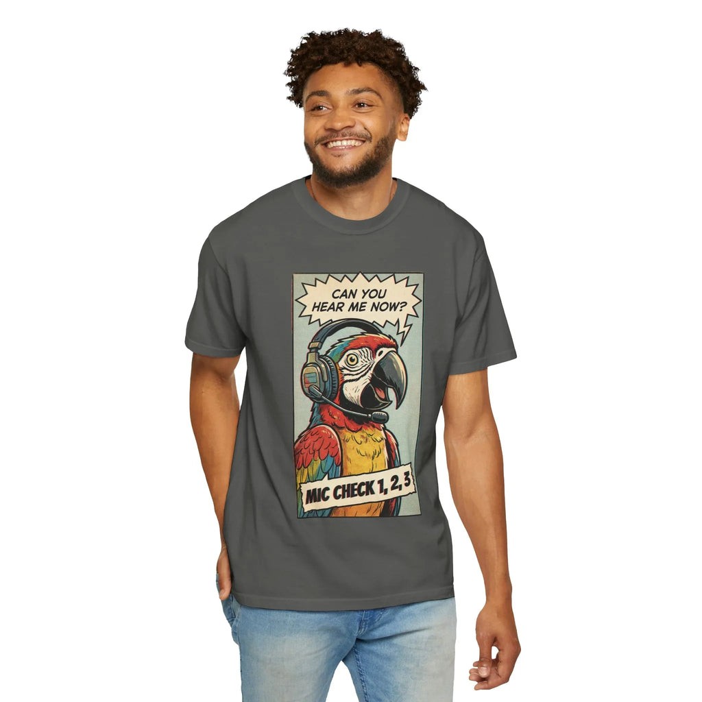 Funny Parrot Gamer Shirt - Vintage Comic Pop Art T-Shirt - Retro Macaw Bird "Mic Check" Graphic Tee - Sarcastic Podcast & Streamer Gift - Aesthetic Bird Lover Streetwear