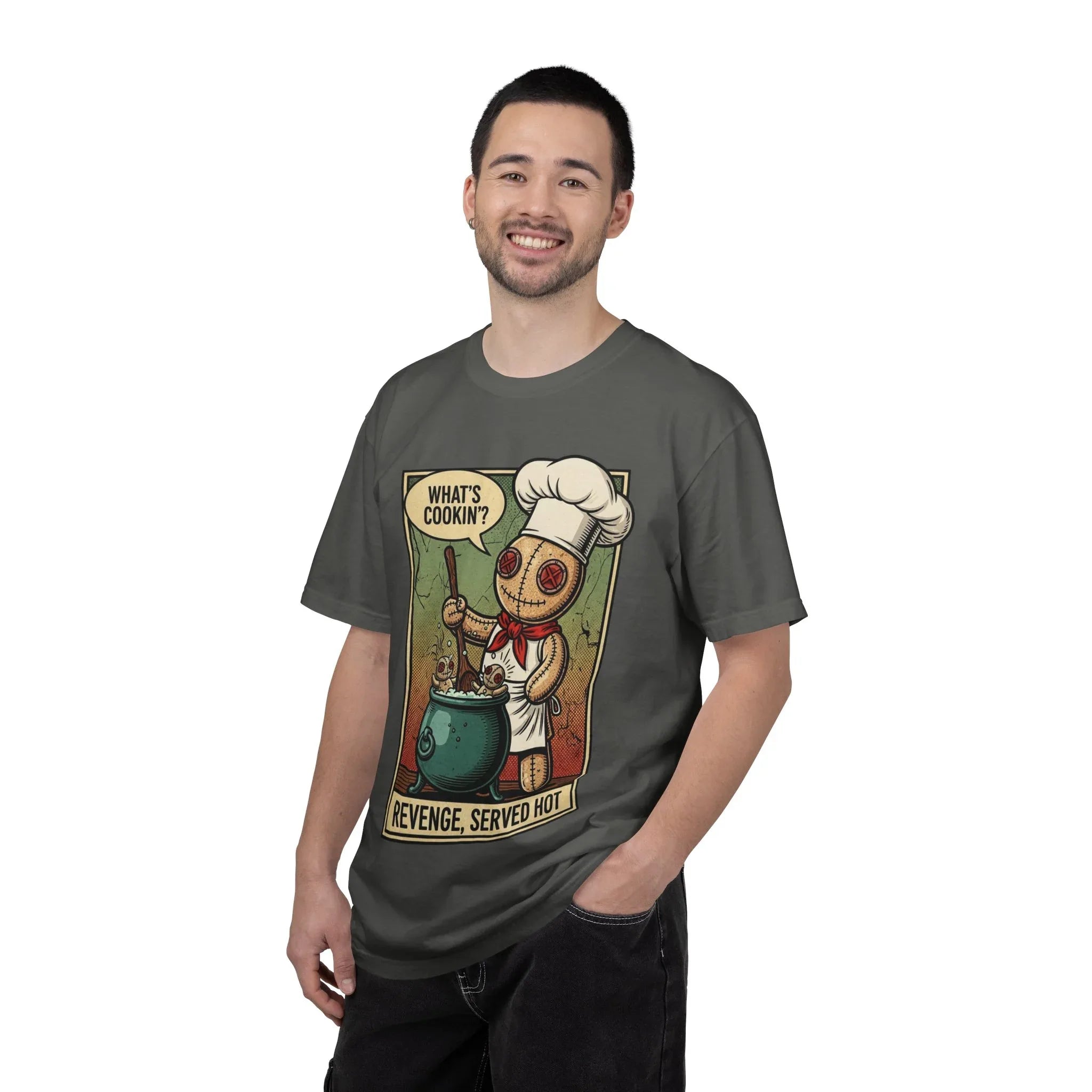 Funny Voodoo Doll "What's Cookin" Revenge Shirt - Sarcastic Chef Graphic Tee - Retro Comic Dark Humor T-Shirt - Vintage Garment-Dyed Revenge Served Hot Tee - Mid-Century Aesthetic Streetwear