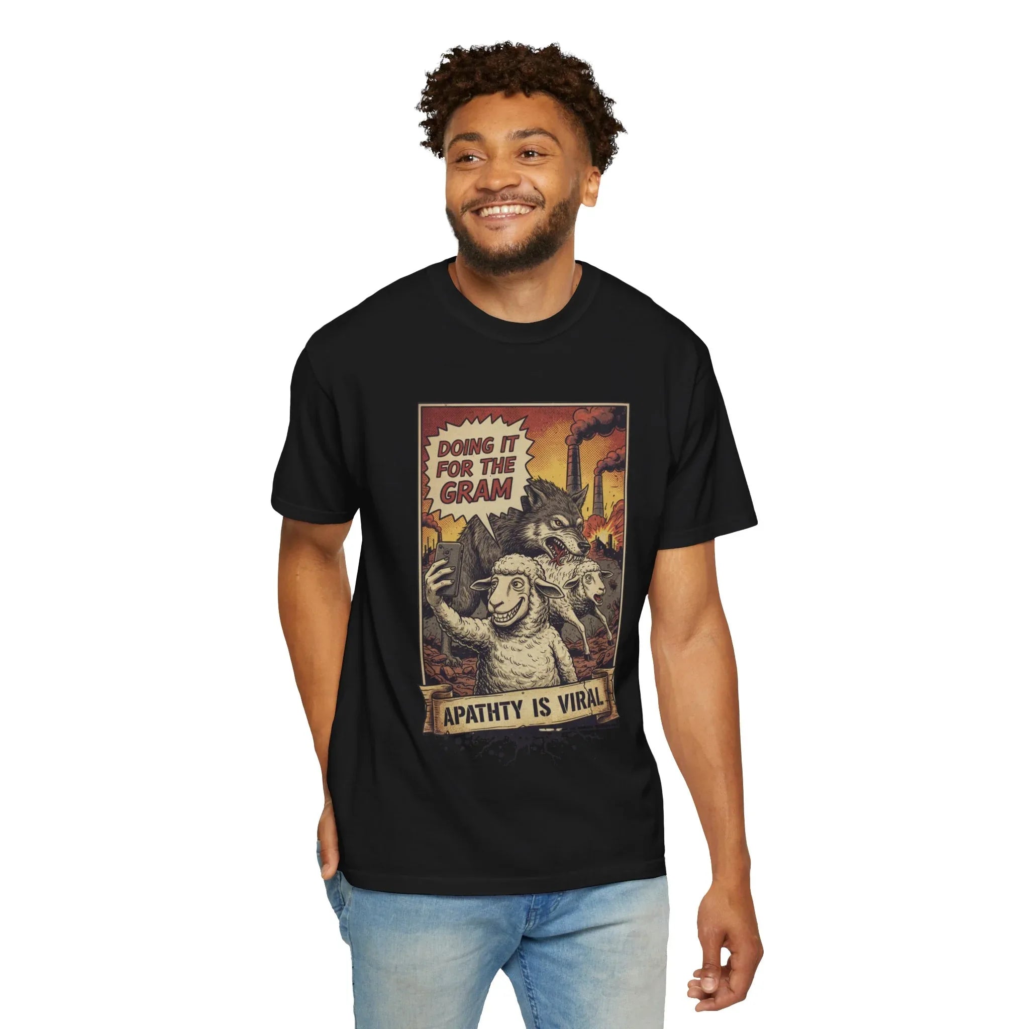 Doing It For The Gram Vintage Shirt - Satirical Wolf and Sheep Graphic Tee - Retro Social Media Irony T-Shirt - 1950s Propaganda Style Dark Humor - Unapologetic Social Critique Apparel