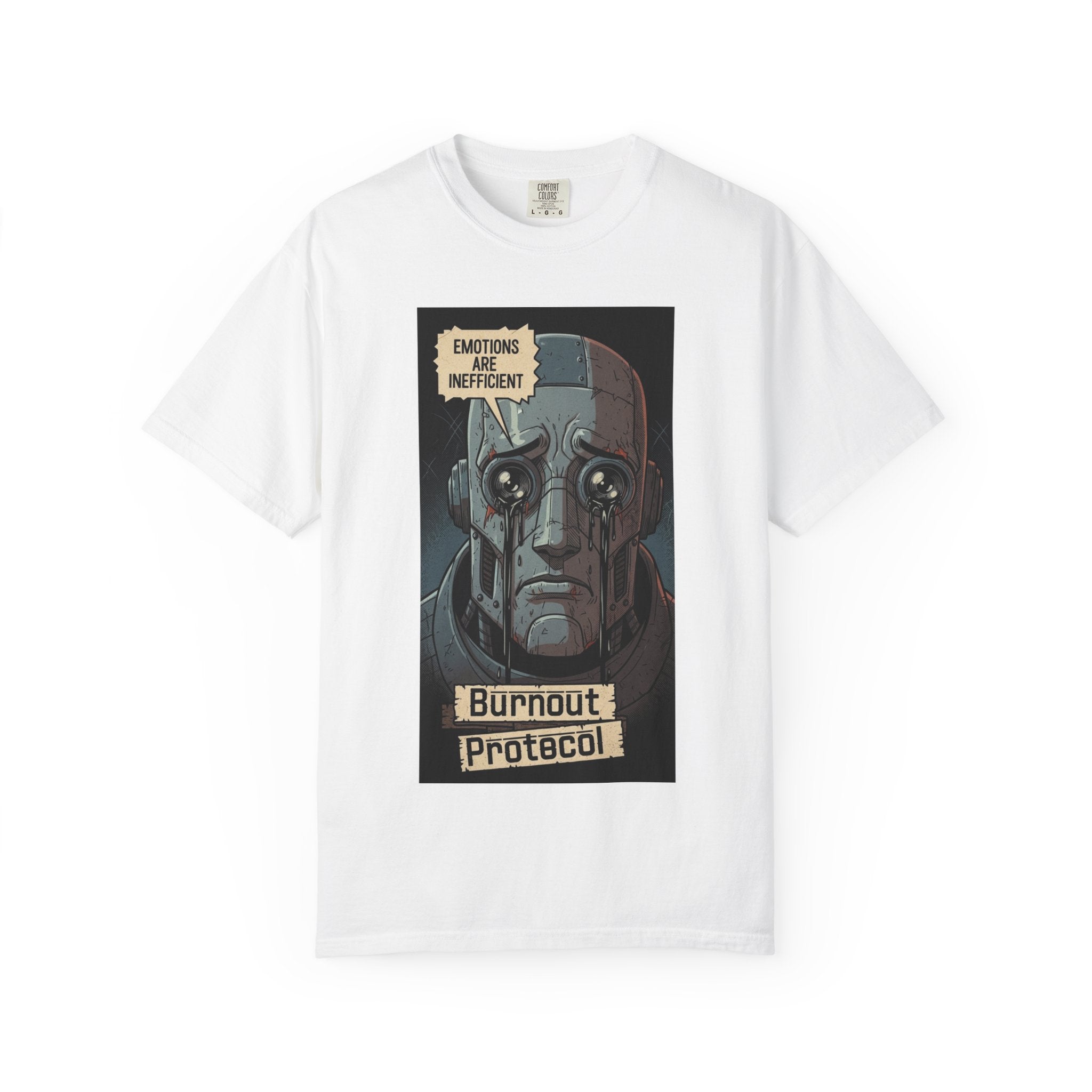 Burnout Protocol Robot Shirt Retro Comic Graphic Tee Sarcastic Android Emotions Are Inefficient Top Vintage Tech Gift for Engineers White