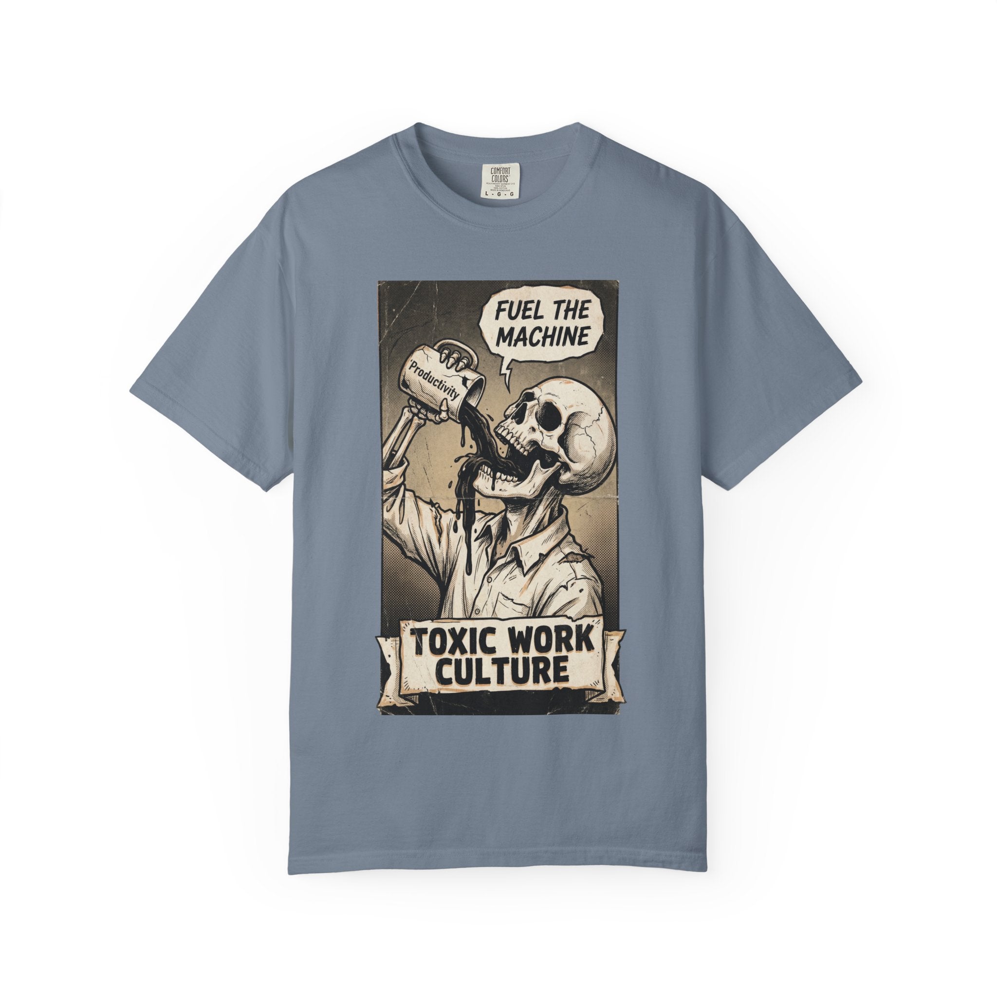 Toxic Work Culture Shirt, Fuel The Machine Skeleton Tee, Productivity Coffee Graphic, Sarcastic Office Worker Gift, Vintage Grunge Streetwear Blue Jean