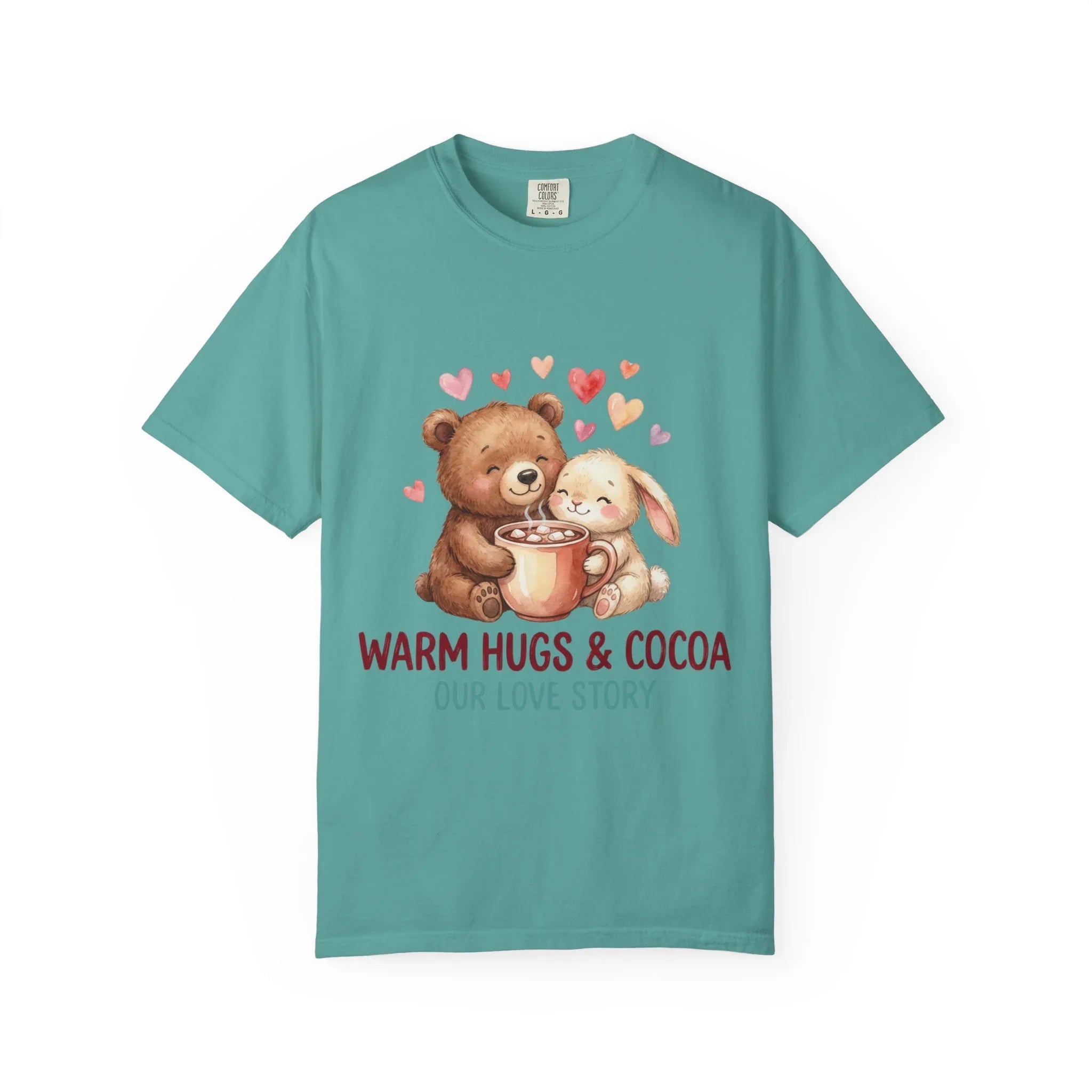 Warm Hugs and Cocoa Our Love Story T-Shirt | Bear Bunny Illustration | Cozy Winter Valentine Gift | Soft Vintage Storybook Tee Seafoam