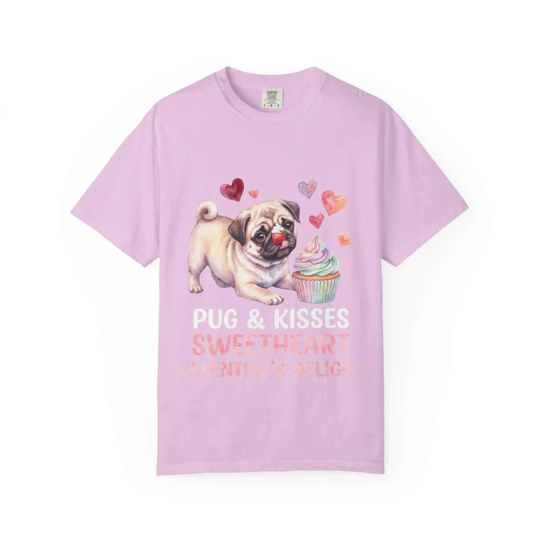 Pug Cupcake Sweetheart Valentines Delight T Shirt Cute Dog Hearts Watercolor Cozy Vintage Aesthetic Gift Pug Lovers Soft Cotton Romantic Tee Orchid