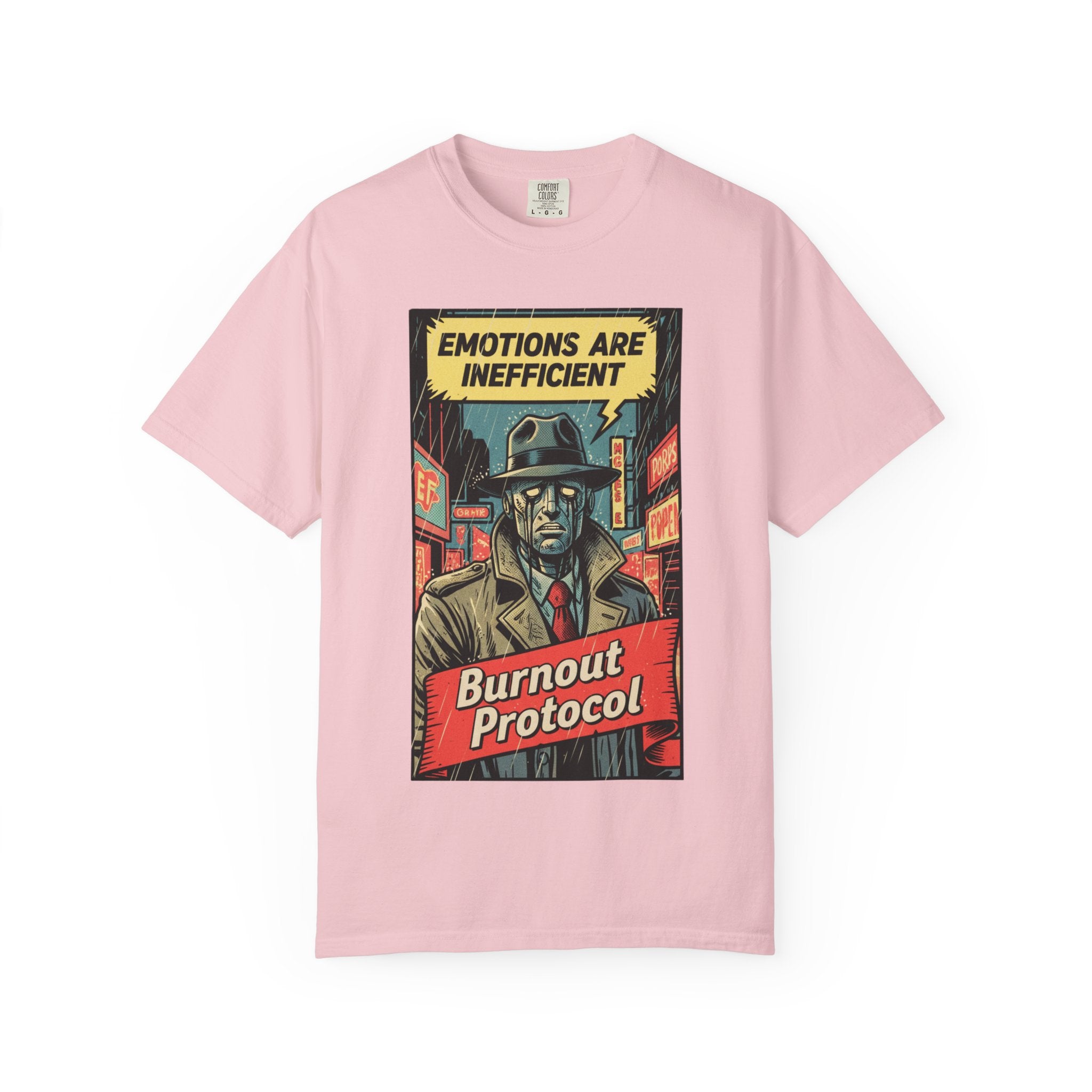 Burnout Protocol Vintage Comic Shirt Retro Robot Detective Graphic Tee Sarcastic Android Art Gift for Tech Workers Software Engineer Noir Blossom
