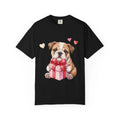 Bulldog Puppy with Gift T-Shirt | Cute Dog Valentine Hearts | Cozy Pet Lover Gift | Soft Vintage Aesthetic Dog Tee Black