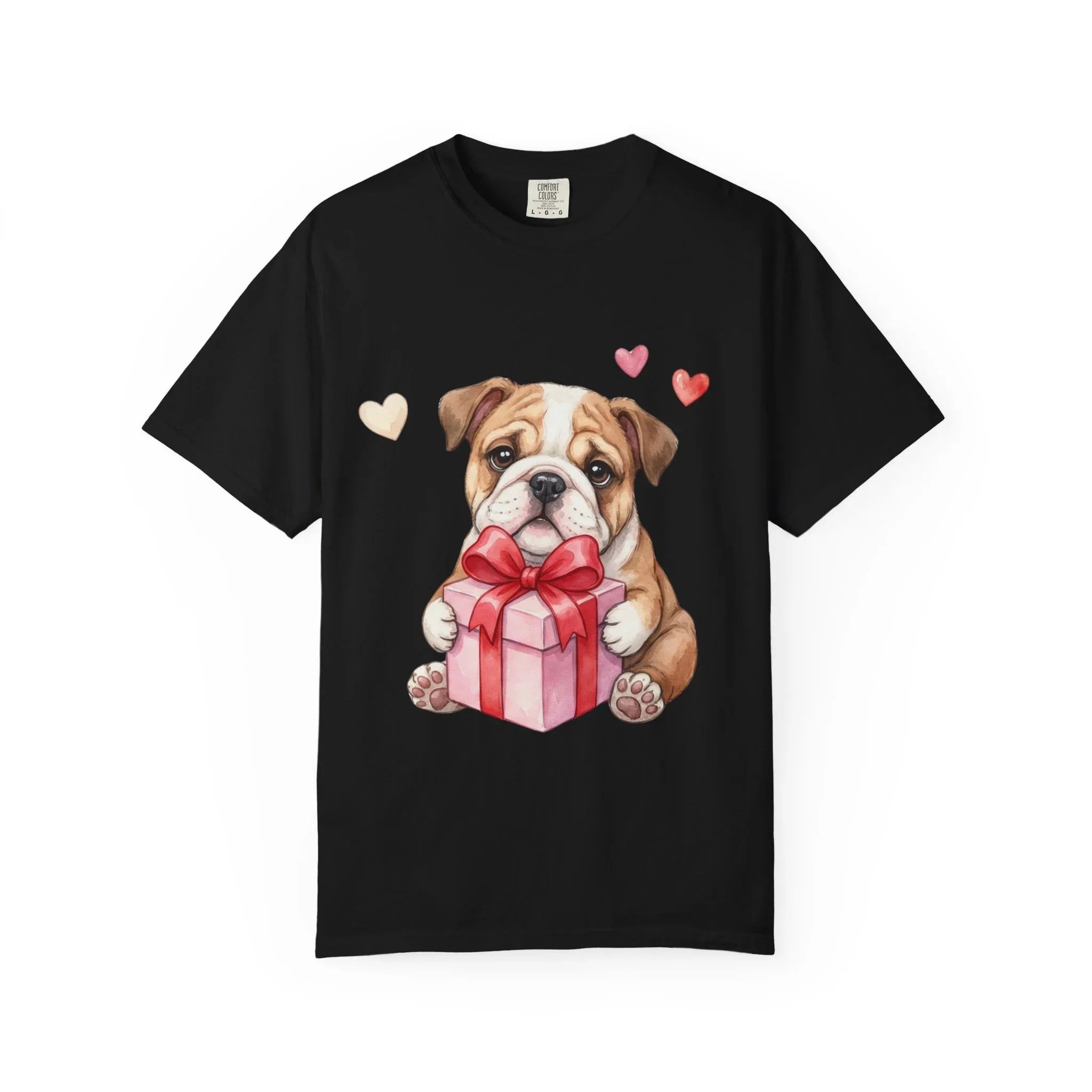 Bulldog Puppy with Gift T-Shirt | Cute Dog Valentine Hearts | Cozy Pet Lover Gift | Soft Vintage Aesthetic Dog Tee Black