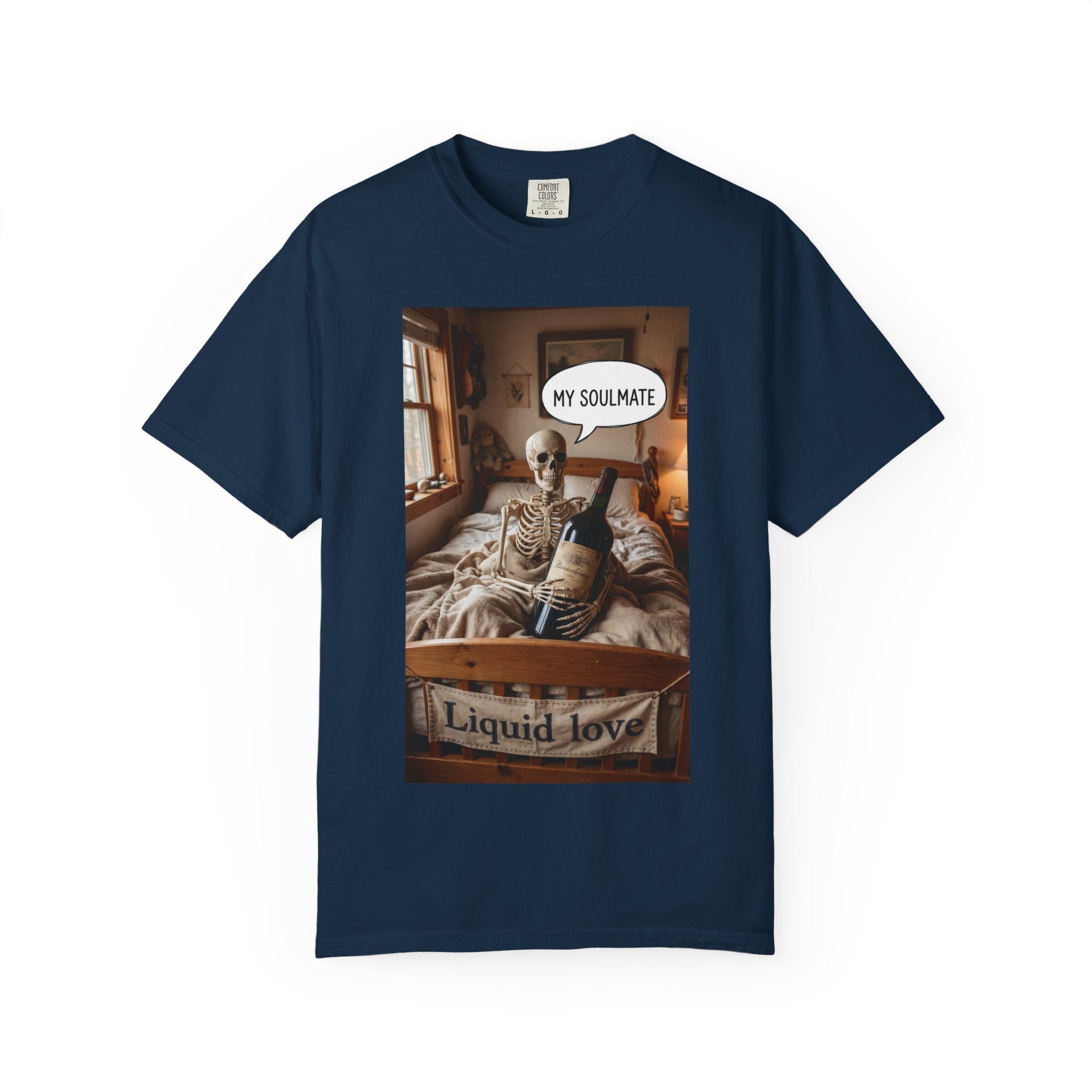 Liquid Love Skeleton Wine Shirt - Funny Soulmate Gift - Dark Humor T-Shirt - Gothic Cottagecore Graphic Tee - Sarcastic Wine Enthusiast Apparel True Navy