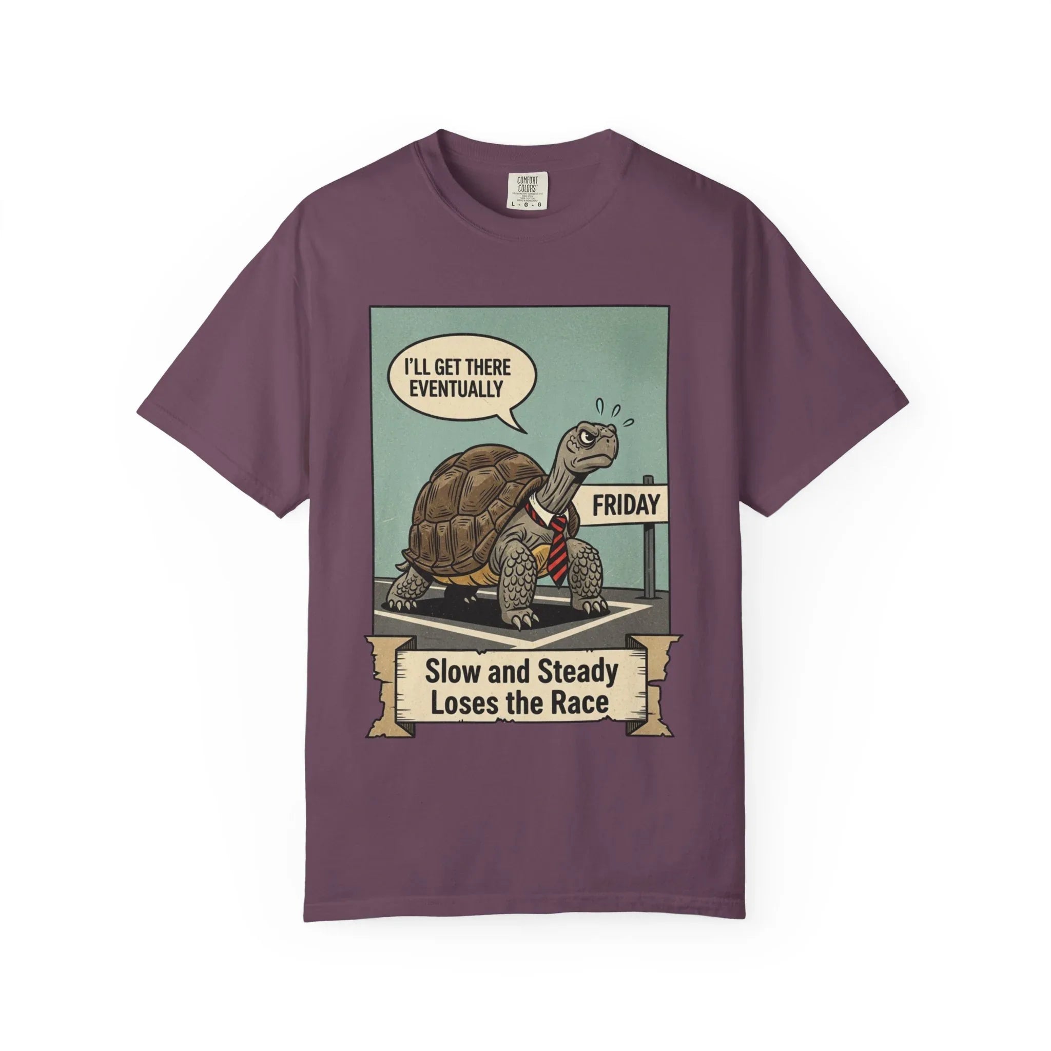Funny Friday Shirt - Office Humor T-Shirt - Corporate Turtle Tee - Weekend Vibes Gift - "Slow and Steady Loses the Race" - Retro Animal Art Work Sarcasm Top Berry M