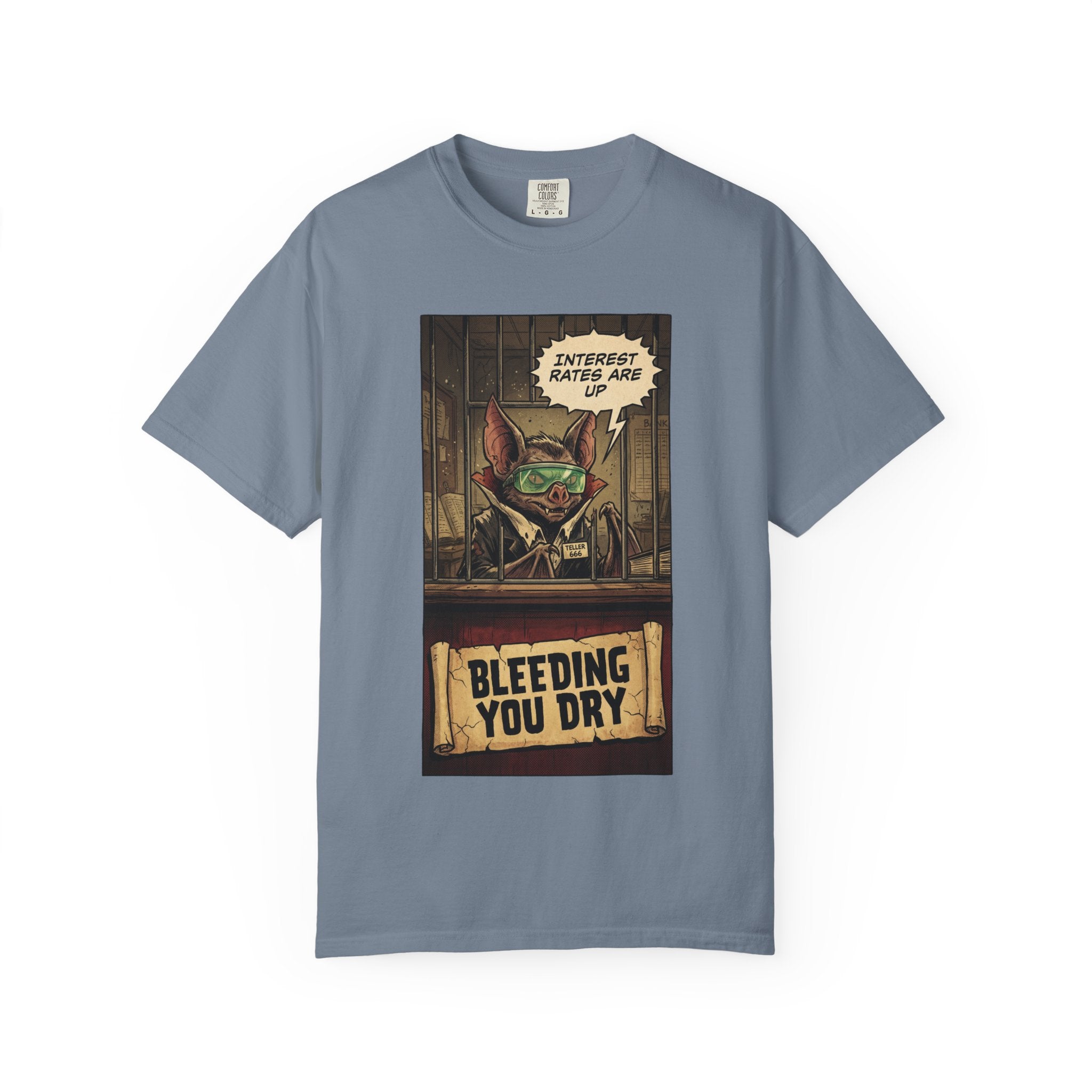 Interest Rates Are Up Shirt, Banker Bat Bleeding You Dry Tee, Funny Finance Satire, Debt & Mortgage Crisis T-Shirt, Vintage Grunge Apparel Blue Jean