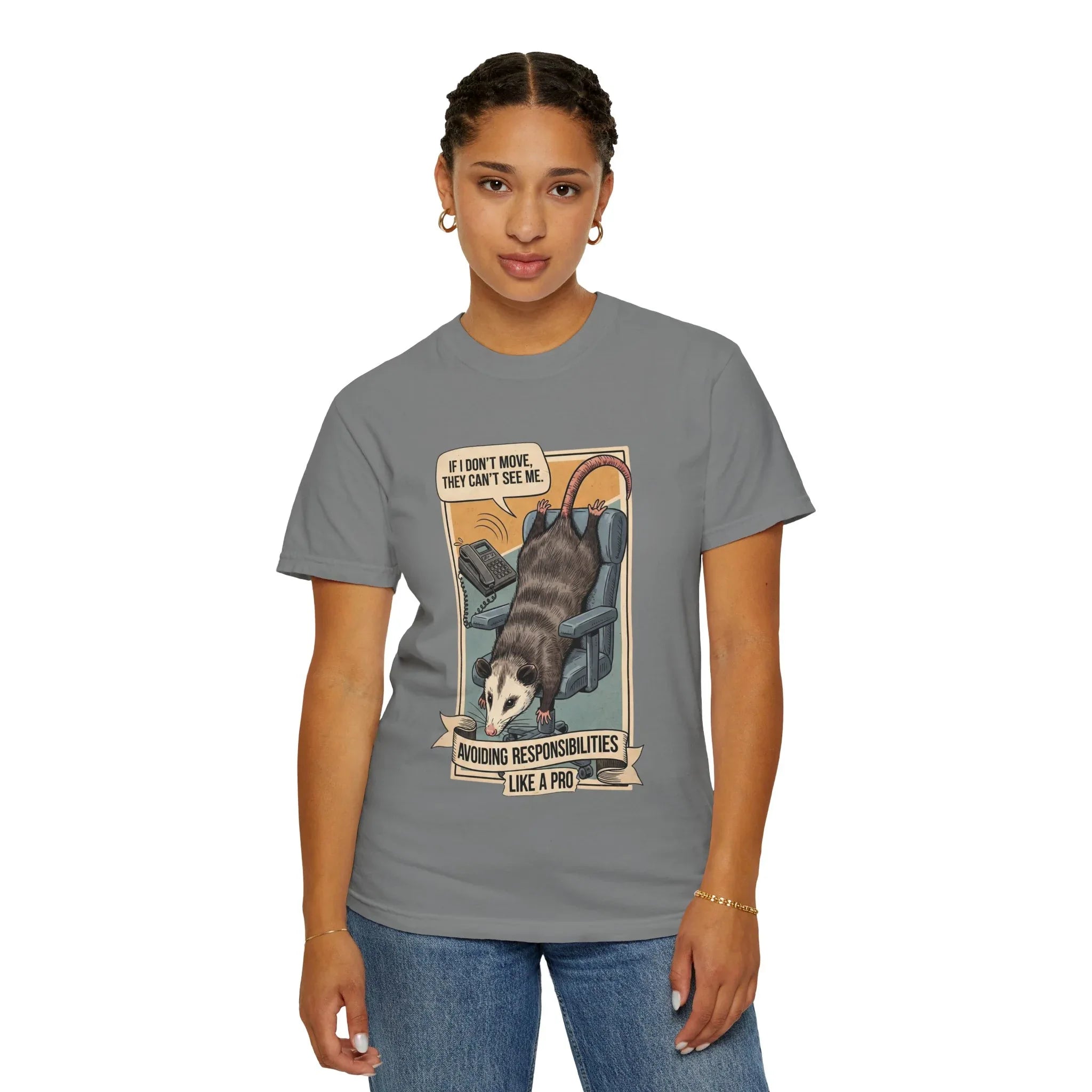 Funny Opossum Avoiding Responsibilities Shirt - Sarcastic Office Humor T-Shirt - Coworker Procrastination Gift - Introvert Work From Home Tee - Retro "Playing Dead" Possum Graphic Grey