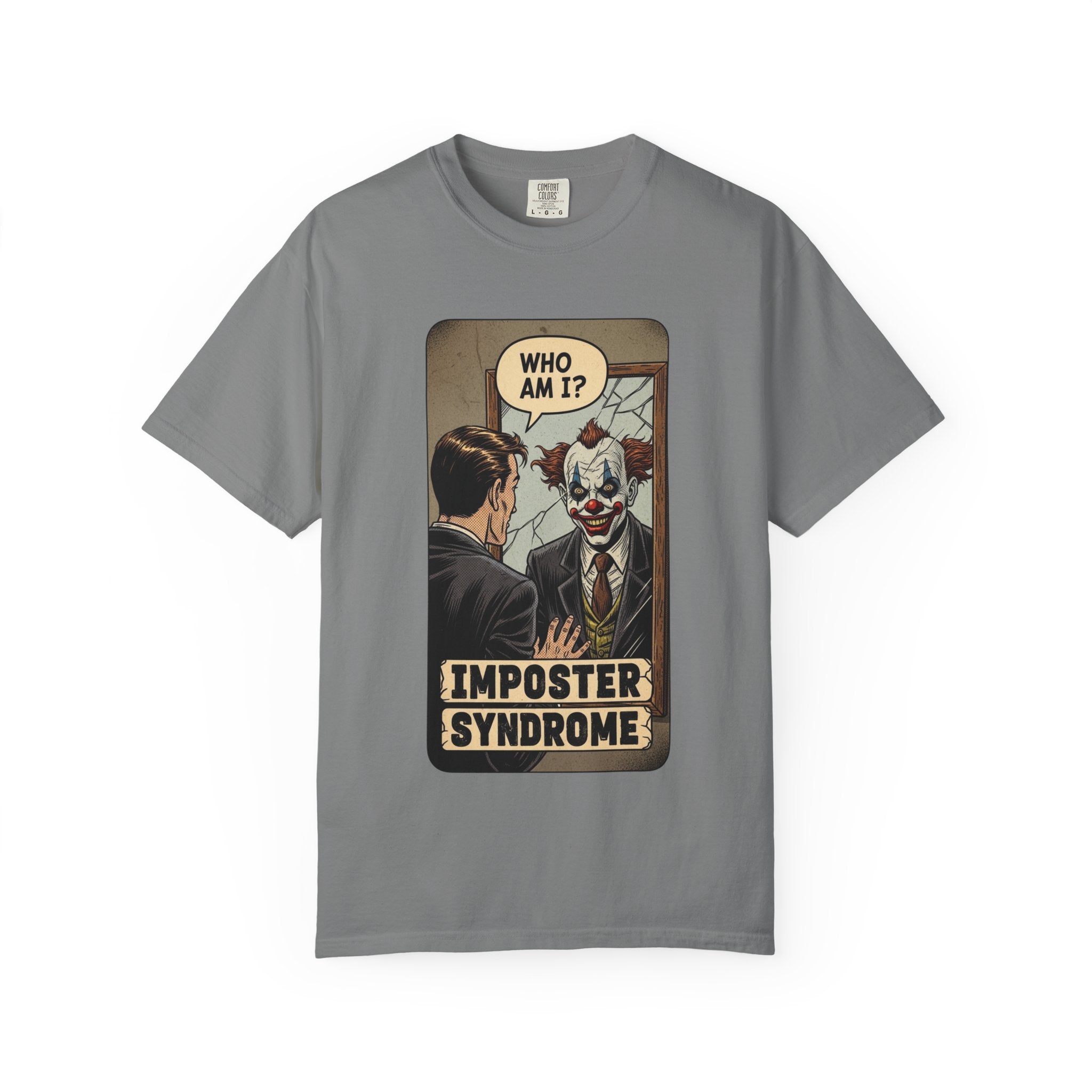 Imposter Syndrome Shirt Vintage Clown Mirror Tee Funny Mental Health Graphic T-Shirt Sarcastic Retro Who Am I Top Corporate Humor Gift Grey