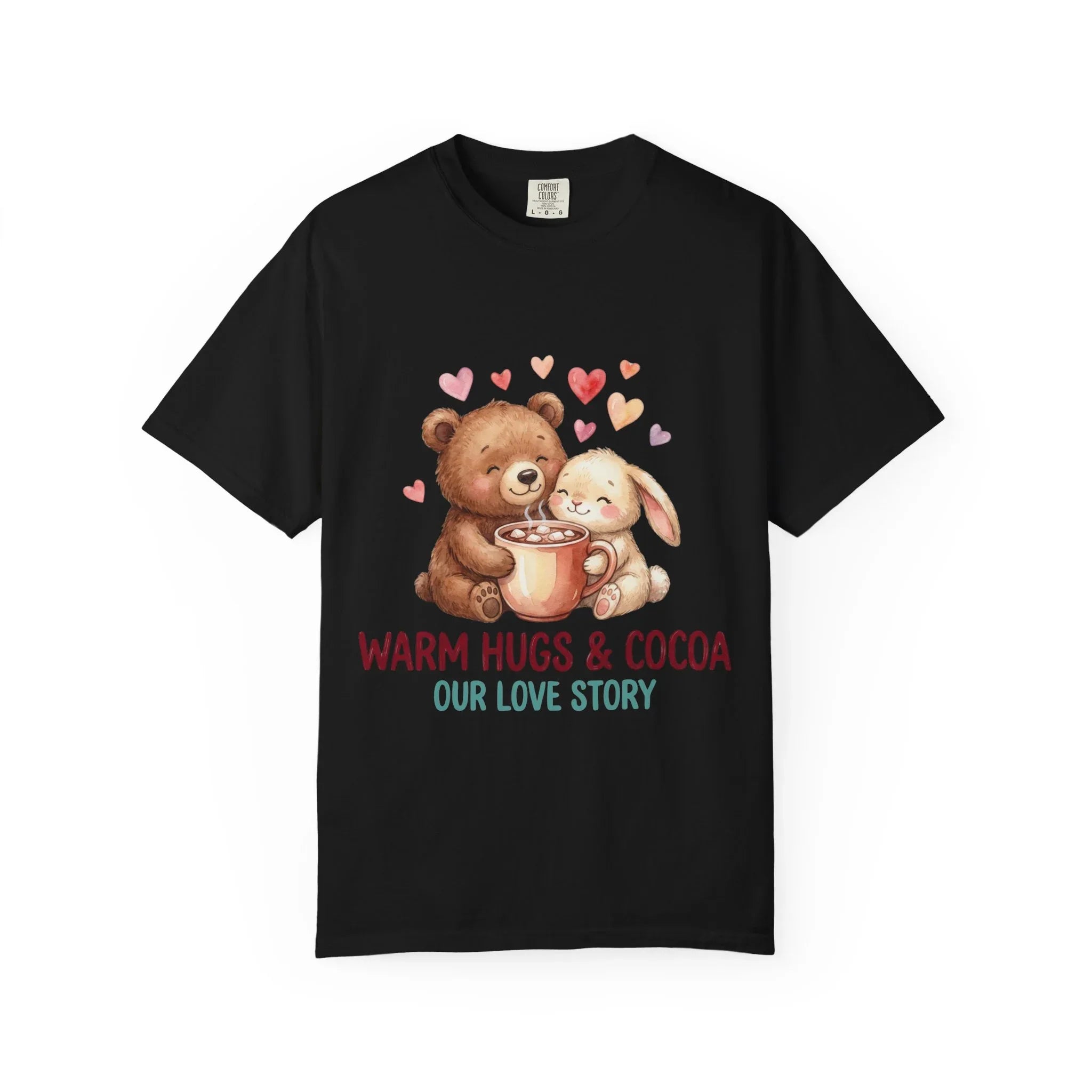 Warm Hugs and Cocoa Our Love Story T-Shirt | Bear Bunny Illustration | Cozy Winter Valentine Gift | Soft Vintage Storybook Tee Black