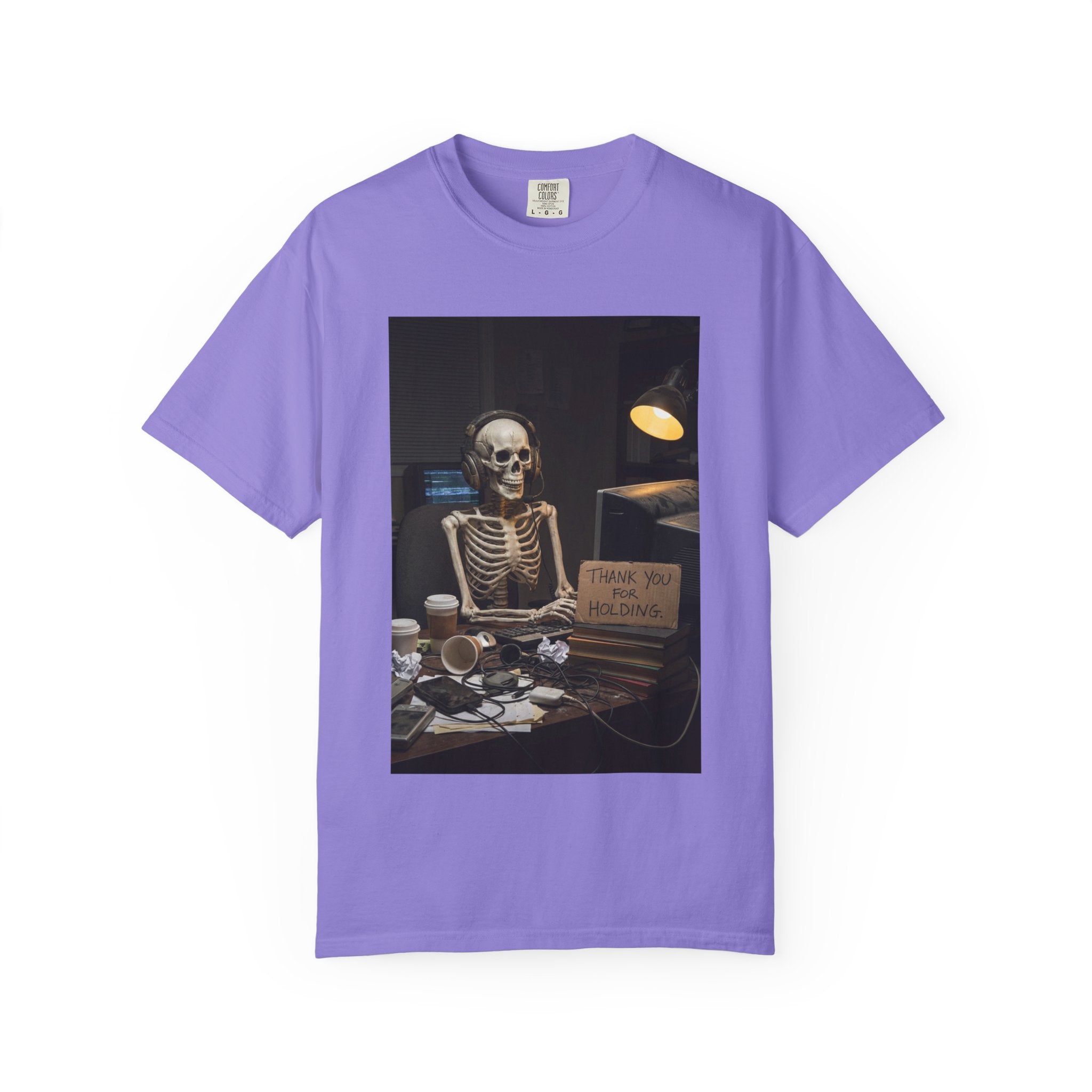 Thank You For Holding Shirt - Skeleton Customer Service Tee - Funny Call Center Humor - Sarcastic Work From Home Gift - Vintage Dark Humor Violet