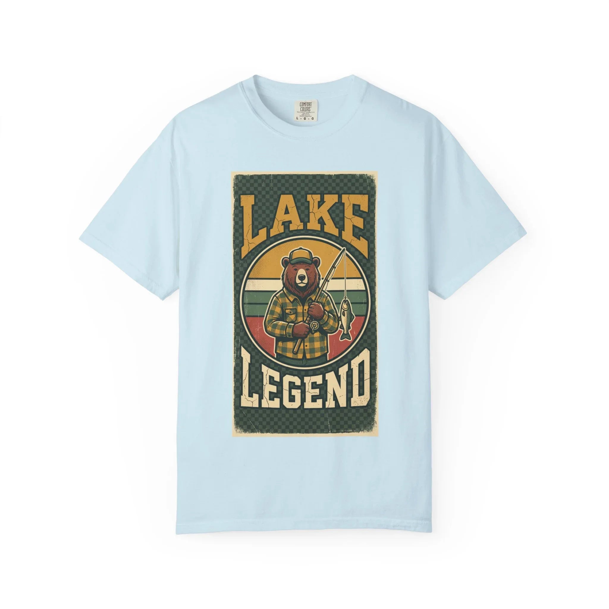 Lake Legend Bear Fishing T-Shirt | Retro Outdoors Graphic Tee | Vintage Cabin Lake Life Shirt | Garment-Dyed Heavyweight Unisex Chambray