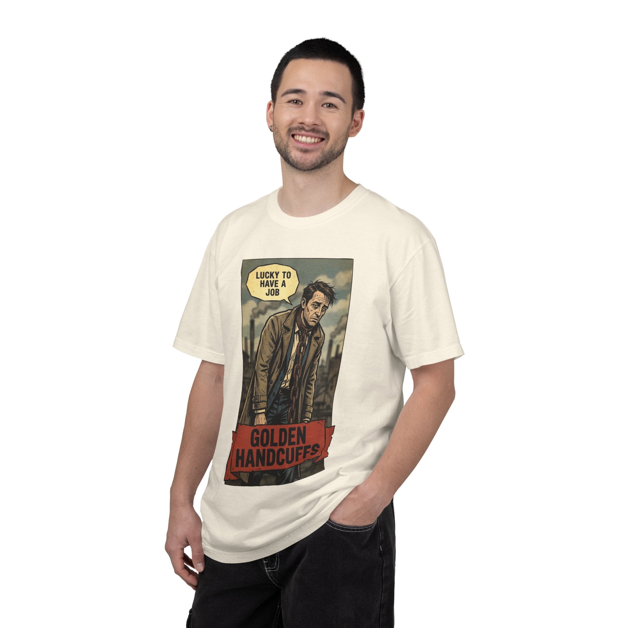 Golden Handcuffs Vintage Comic Shirt Sarcastic Work Humor Tee Retro Anti Work Gift Corporate Slave Aesthetic Tshirt Industrial GrungeGraphic