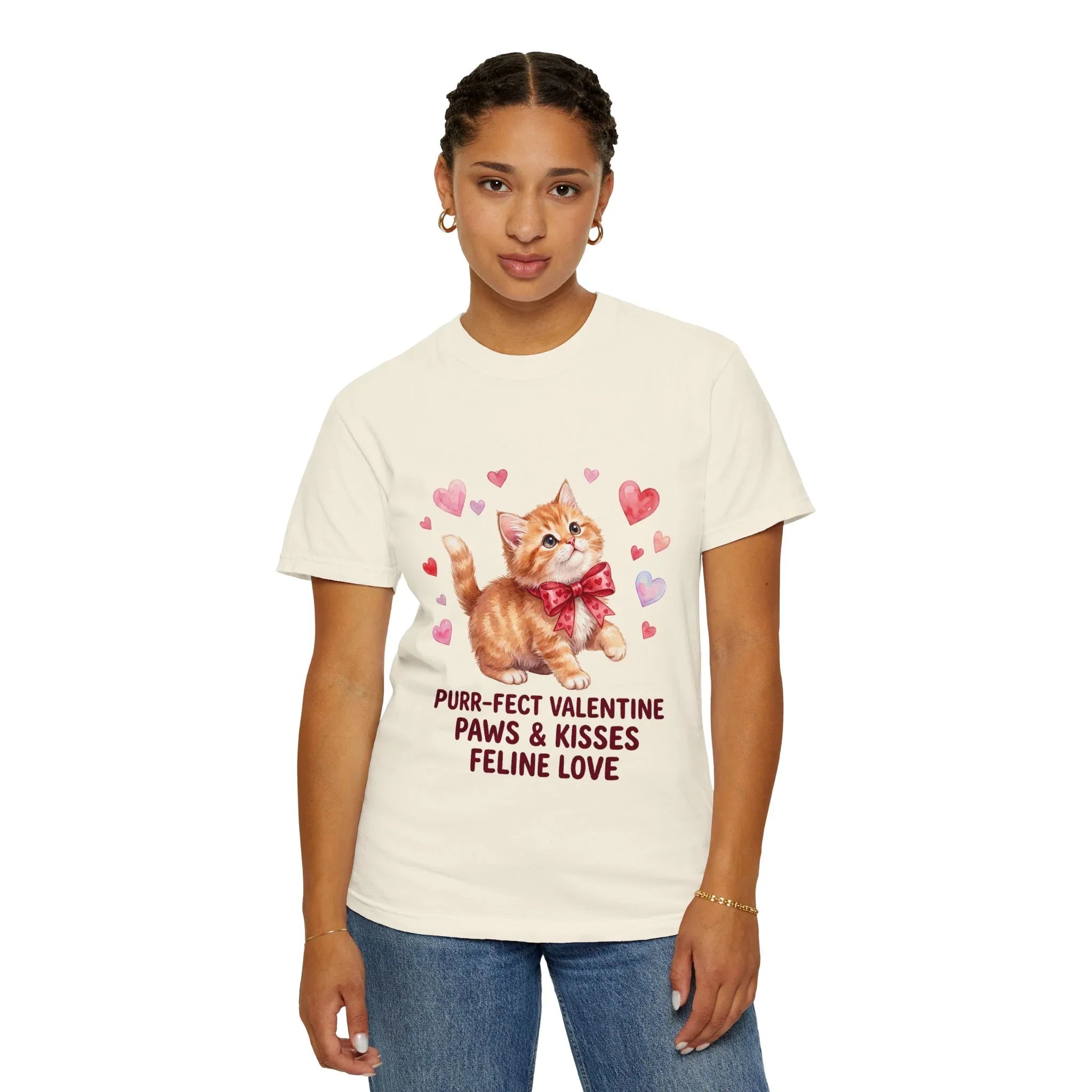 Purrfect Valentine Cat Paws Kisses T Shirt Cute Ginger Kitten Hearts Watercolor Cozy Vintage Aesthetic Gift Cat Lovers Soft Cotton Romantic