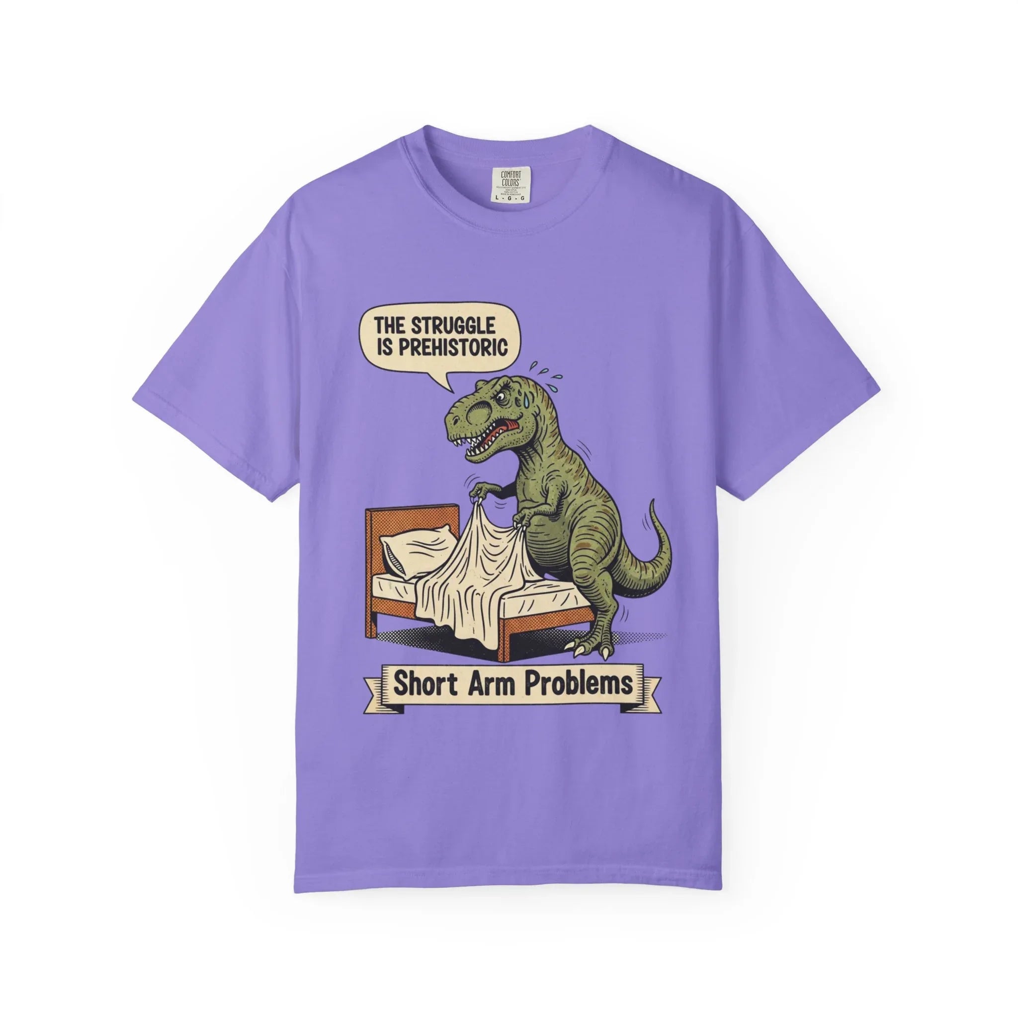 Funny T-Rex Shirt - "The Struggle Is Prehistoric" Graphic Tee - Short Arm Problems Meme Tshirt - Vintage Dinosaur Humorous Gift for Him & Her - Retro Comic Style Top Violet