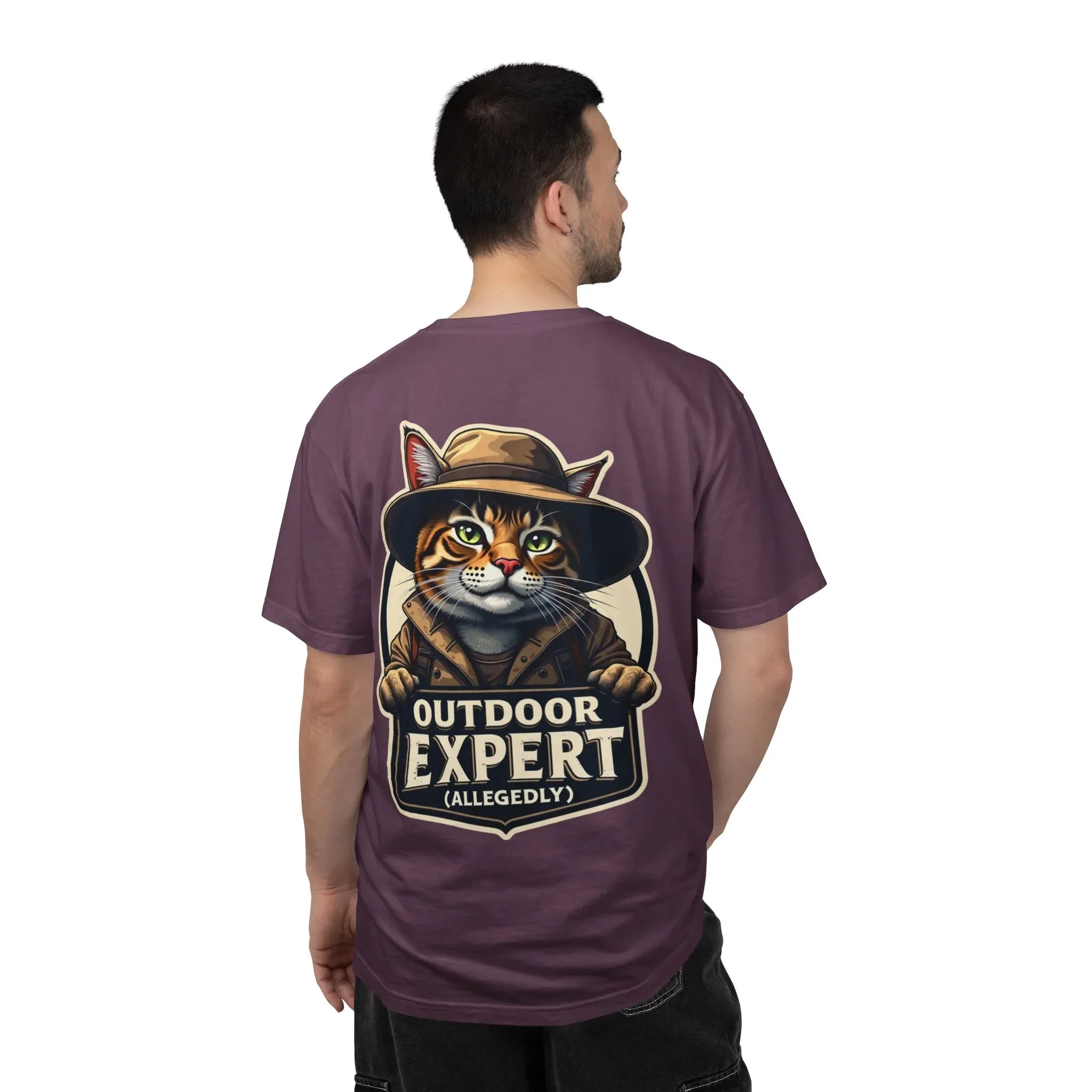 Outdoor Expert Cat T-Shirt, Outdoor Expert (Allegedly) Back Print Tee, Funny Camping Cat in Fedora Badge, Unisex Garment-Dyed Berry M