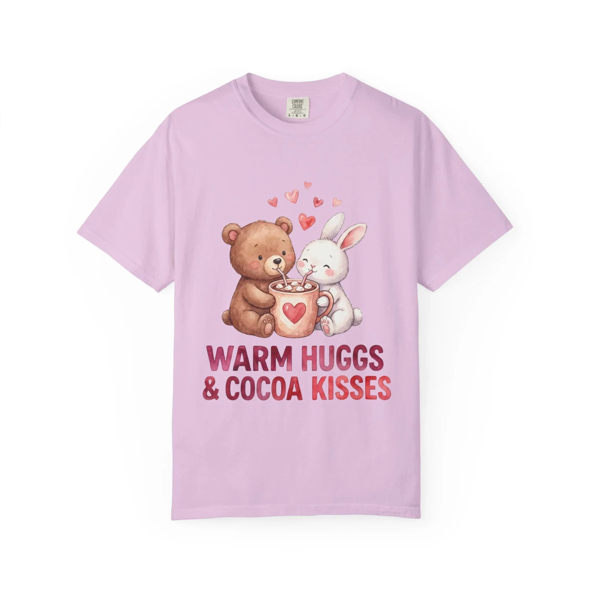 Warm Hugs and Cocoa Kisses T-Shirt | Bear Bunny Hot Cocoa Design | Cozy Winter Valentine Gift | Soft Vintage Aesthetic Tee Orchid