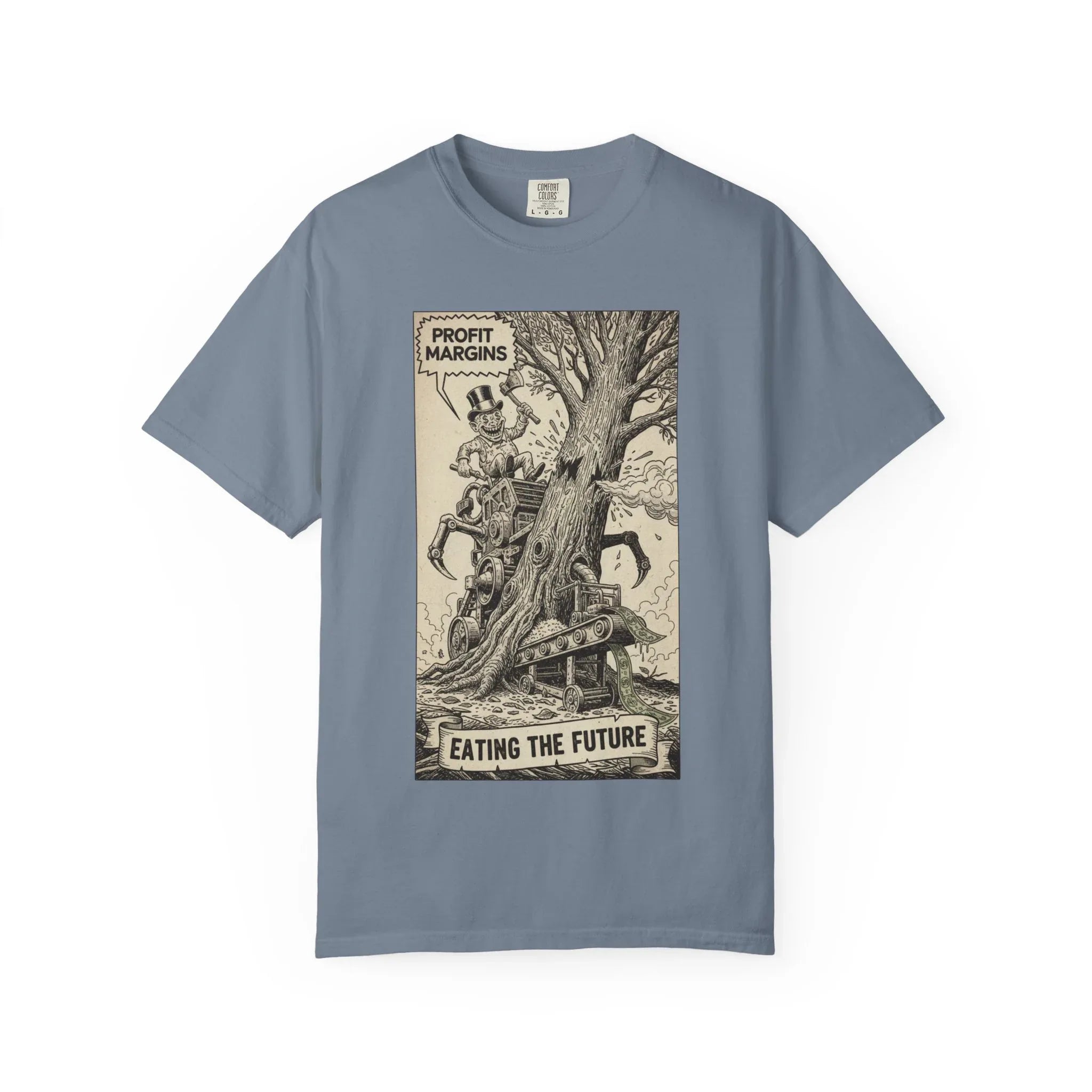 Eating The Future Shirt - Satirical Political Graphic Tee - Vintage Woodcut Eco Activist T-Shirt - Corporate Greed Social Commentary - Environmental Awareness Aesthetic Streetwear Blue Jean
