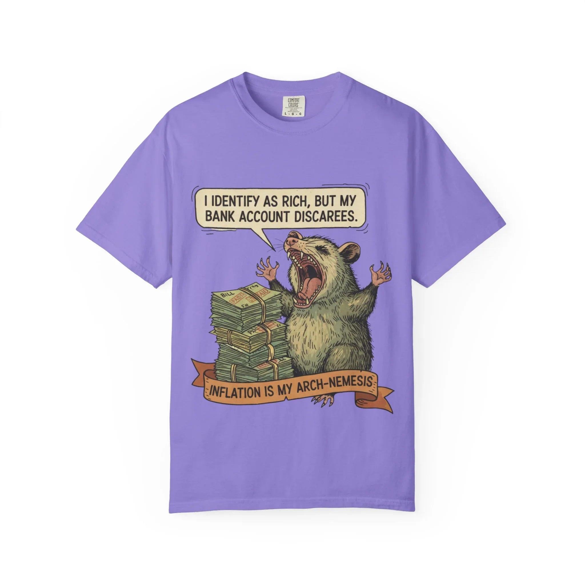 Funny Opossum Shirt I Identify As Rich Sarcastic Animal Meme Tee Screaming Opossum Gift for Friend Inflation Struggle Humor Top Violet