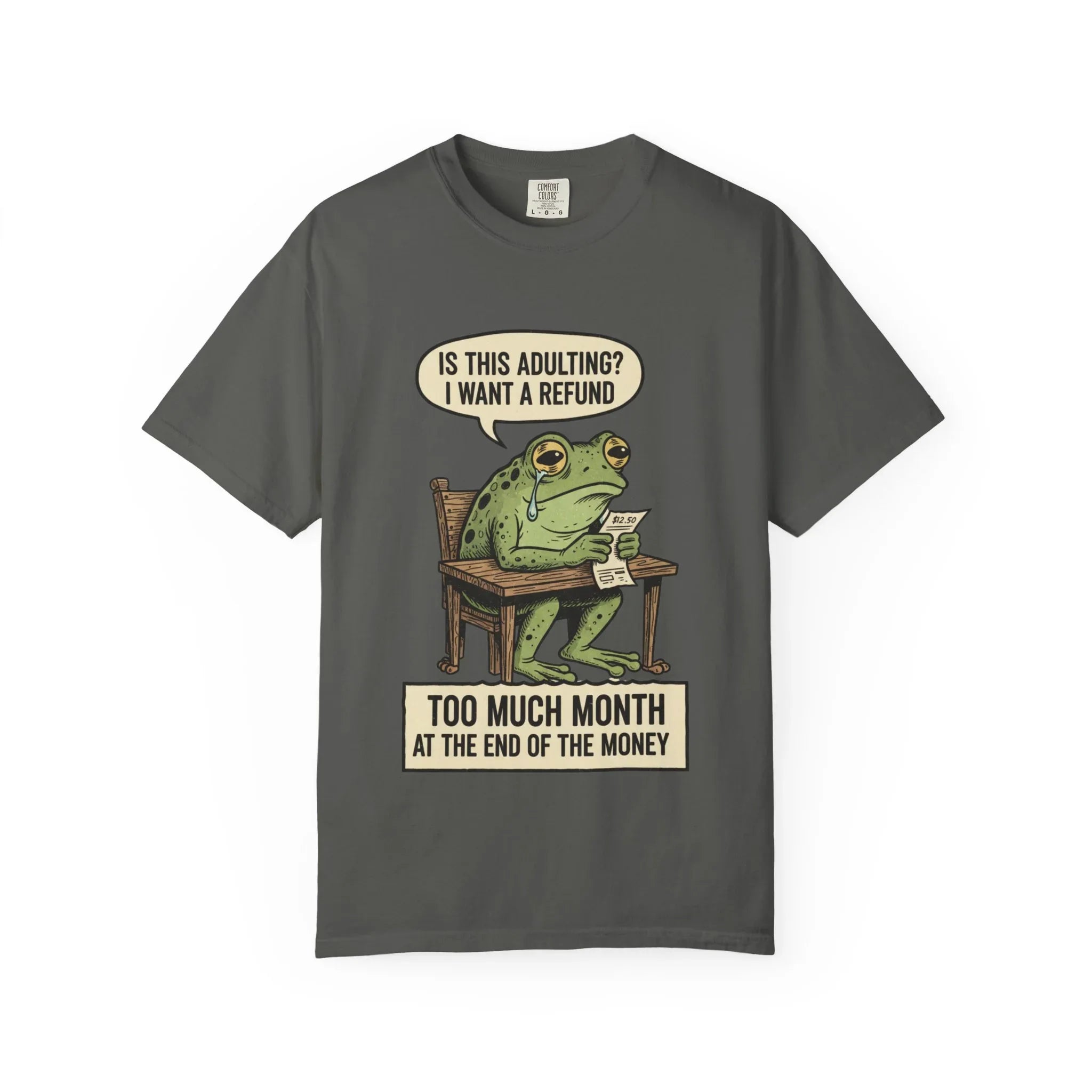 Funny Adulting Shirt - Sad Frog Hoodie - "I Want A Refund On Adulting" Tee - Broke Meme Gift - Financial Humor T-Shirt - Vintage Animal Art Millennial Top Pepper
