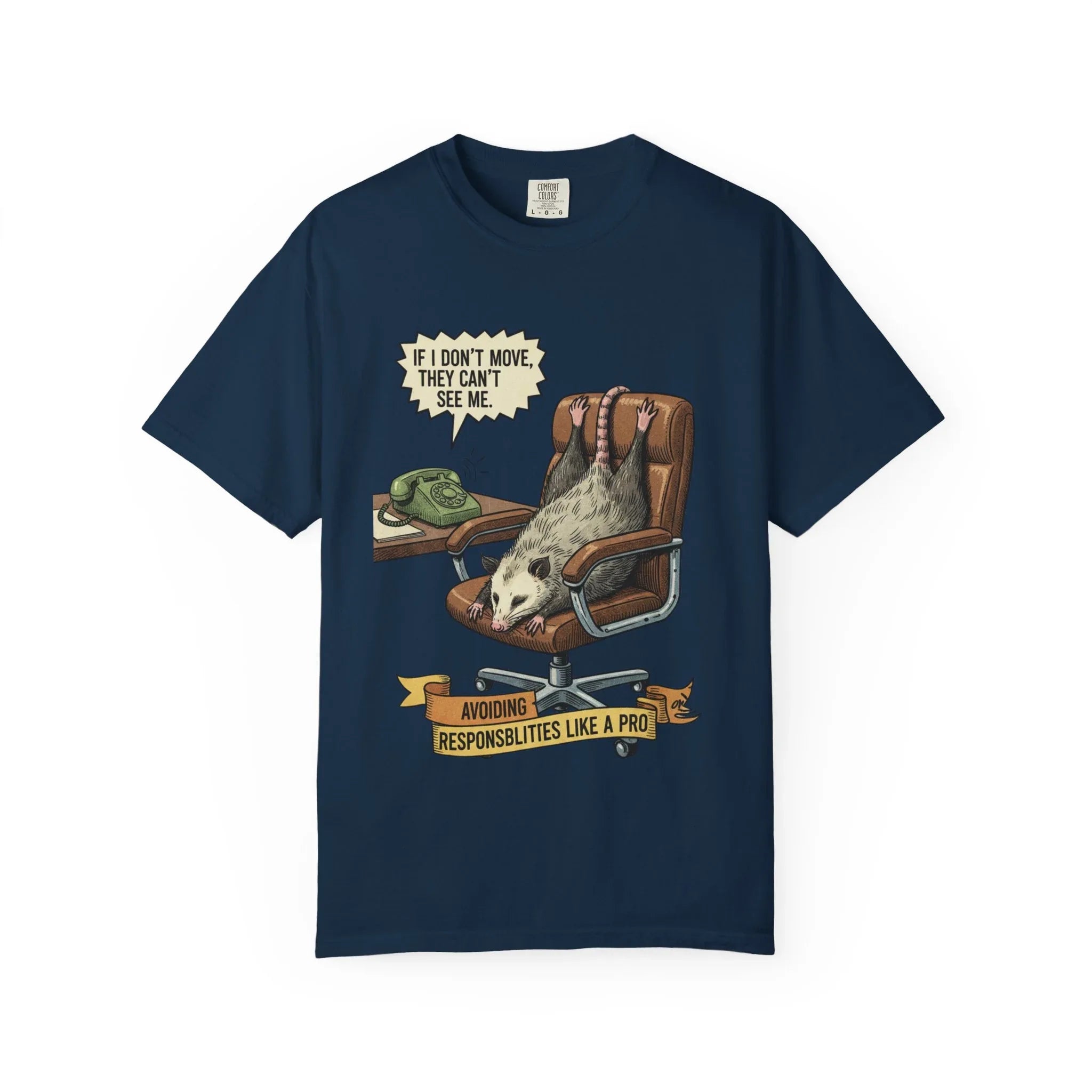 Funny Opossum Shirt - Procrastination Gift - Office Humor Tee - Introvert Sweatshirt - "Avoiding Responsibilities Like A Pro" - Vintage Opossum Illustration - Social Anxiety Top True Navy