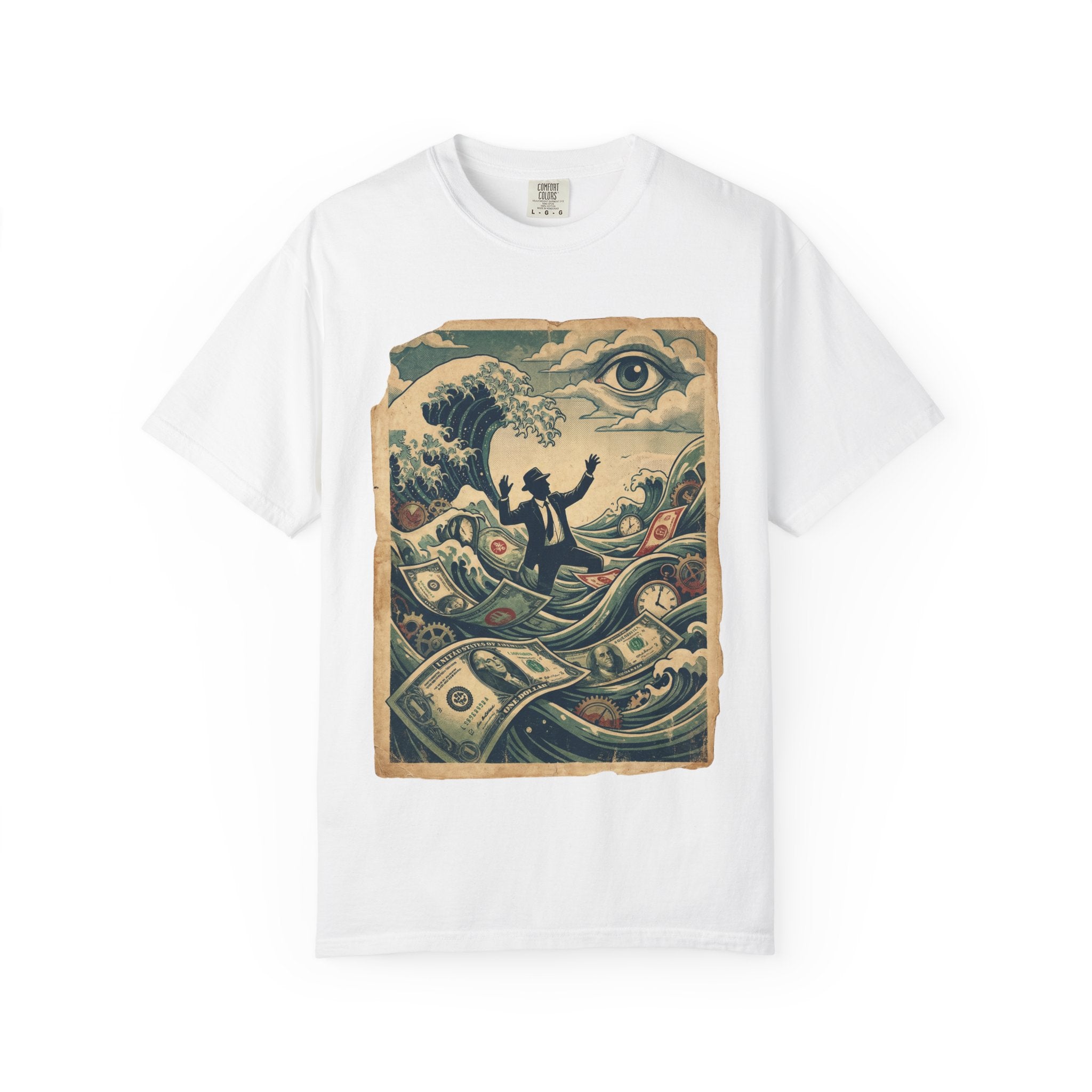 Vintage Dystopian Debt Shirt, All-Seeing Eye Surreal Art Tee, Corporate Overload Graphic, Dark Academia Aesthetic, Gift for Economists, Philosophy Satire Unisex T-Shirt White