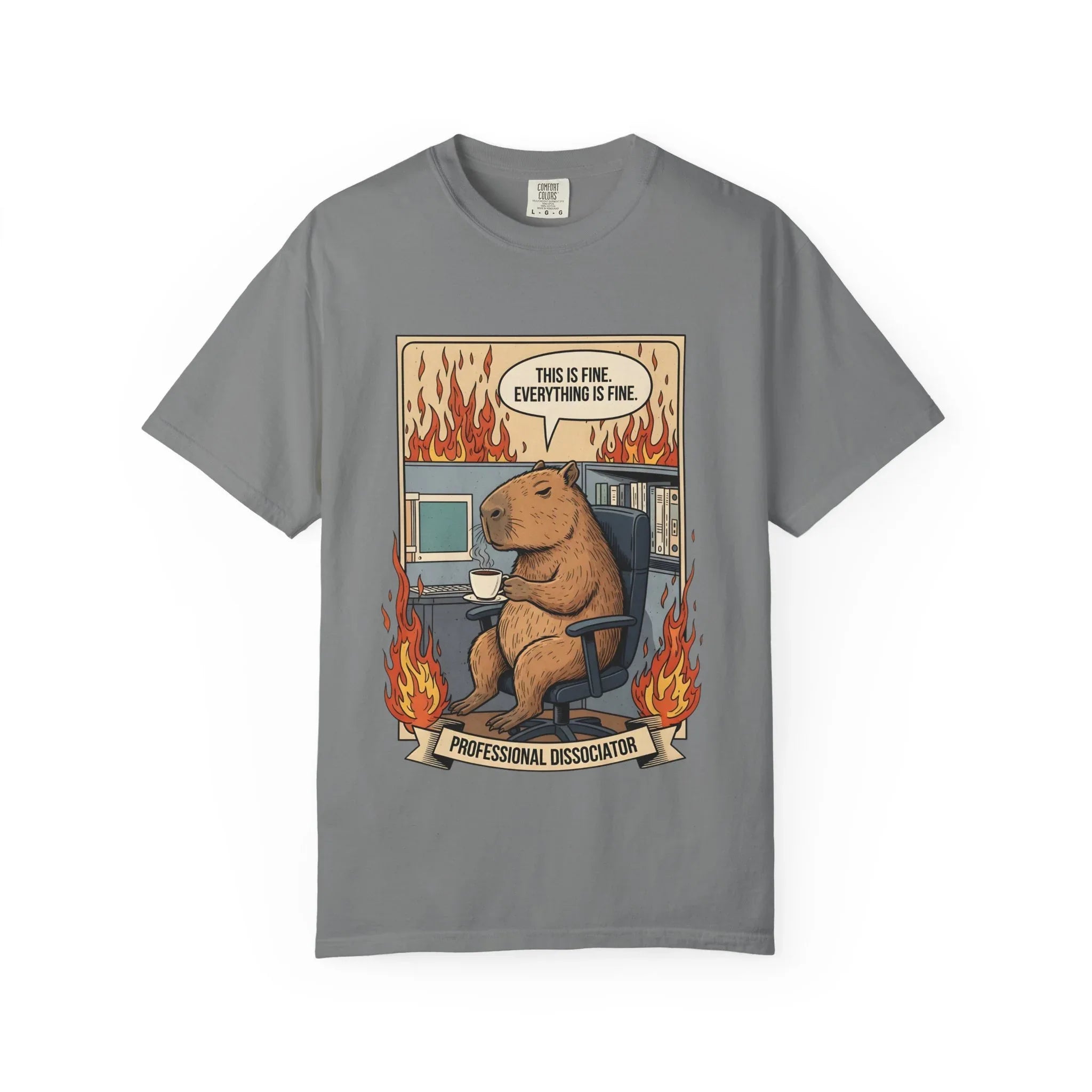 Funny Capybara Shirt - "This Is Fine" Meme Hoodie - Professional Dissociator Gift - Office Humor Graphic Tee - Anxiety & Mental Health Crewneck - Cute Chill Rodent Top Grey