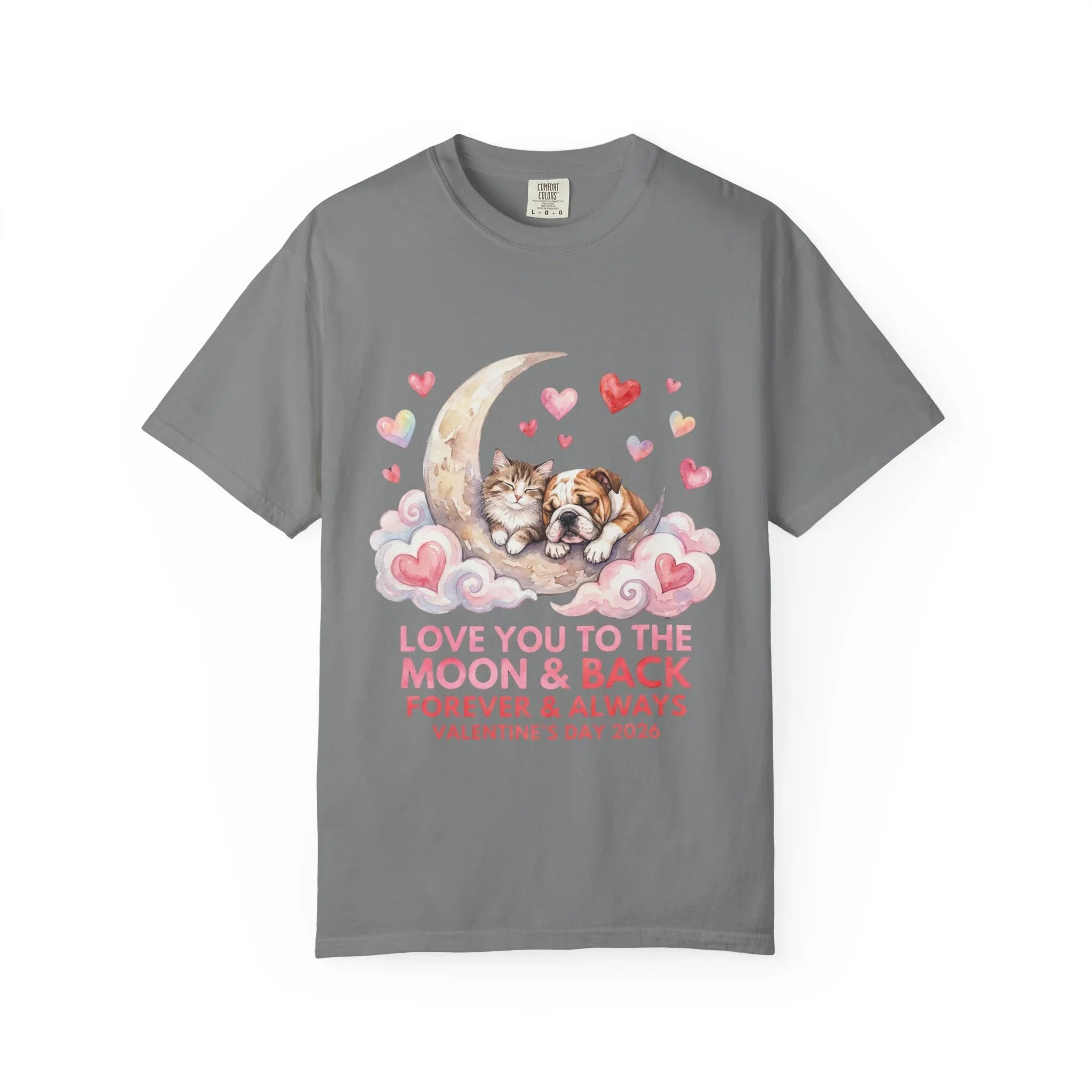 Love You to the Moon and Back Cats T Shirt Cute Kittens Crescent Moon Hearts Watercolor Cozy Vintage Aesthetic Gift Cat Lovers Valentine Tee Grey