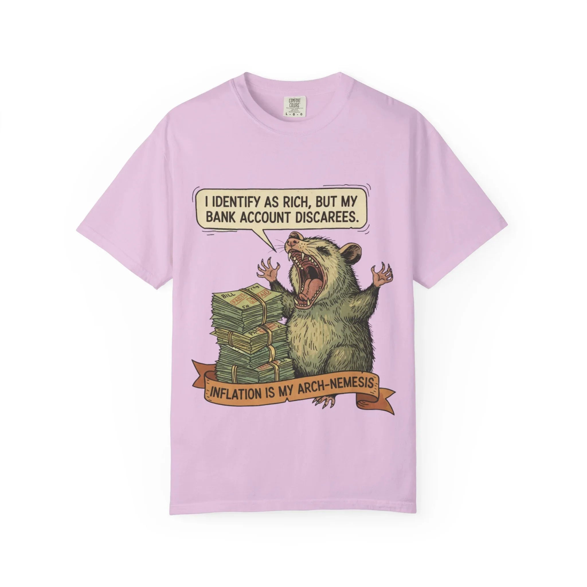 Funny Opossum Shirt I Identify As Rich Sarcastic Animal Meme Tee Screaming Opossum Gift for Friend Inflation Struggle Humor Top Orchid