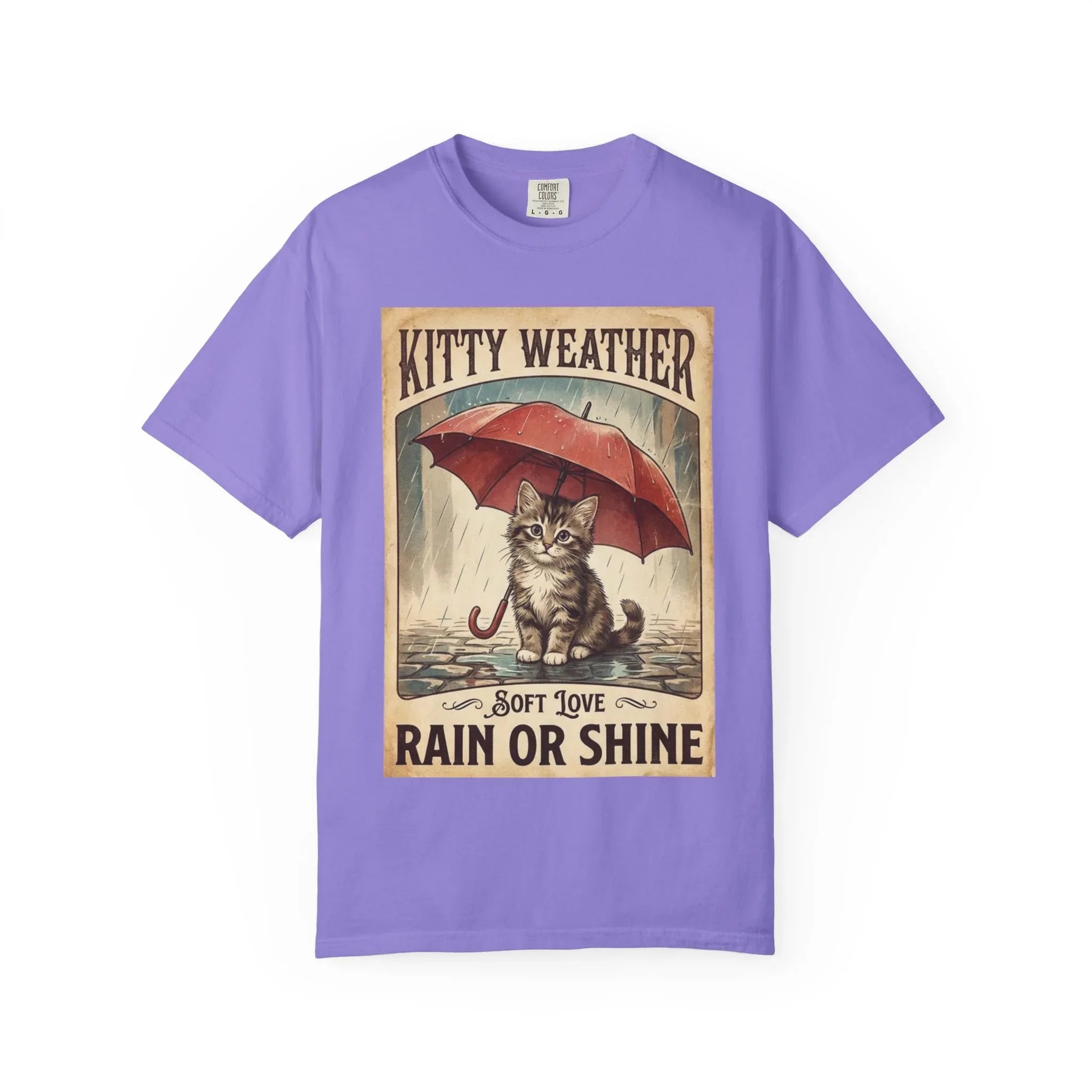 Kitty Weather Rain or Shine Shirt, Umbrella Cat Vintage Poster T-Shirt, Cozy Rainy Day Kitten Tee, Retro Cat Lover Gift Violet