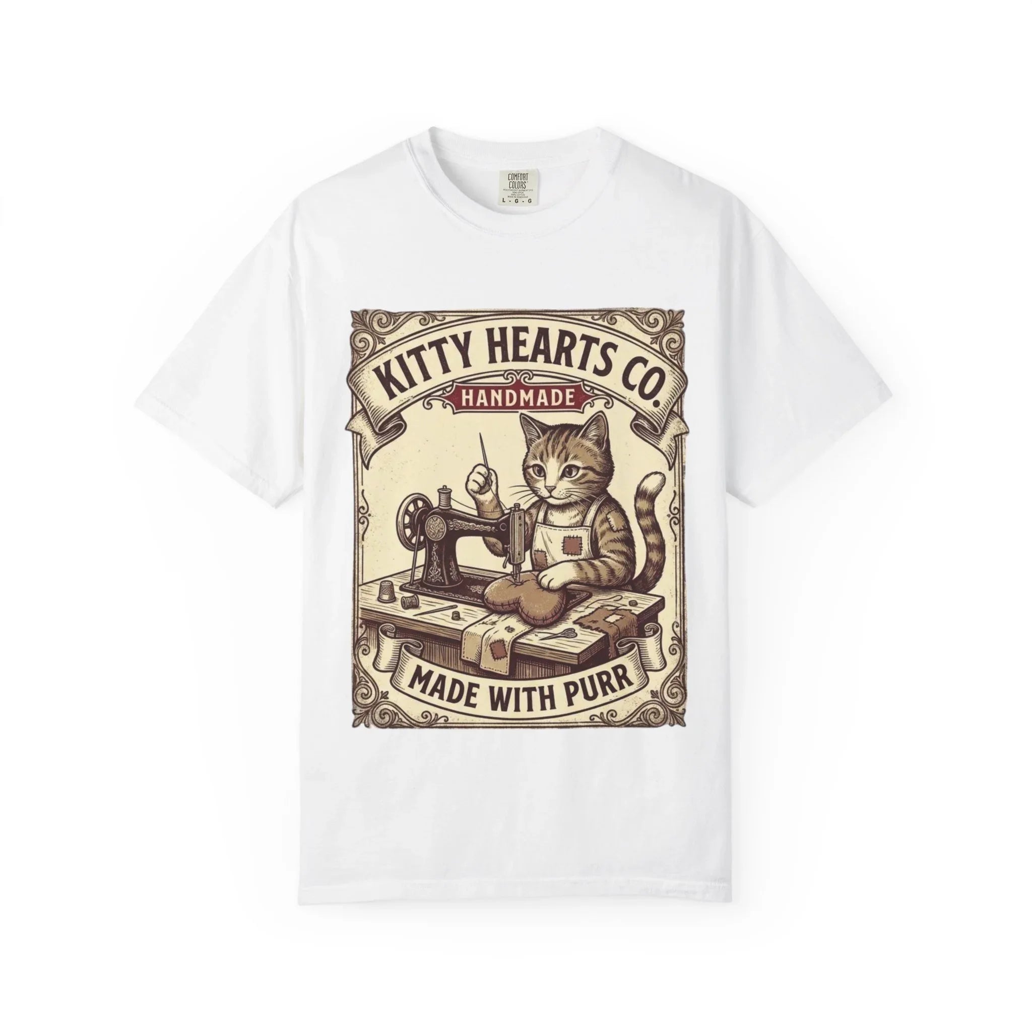 Kitty Hearts Co T-Shirt | Vintage Sewing Cat Made With Purr Graphic Tee | Retro Craft Lover Gift White