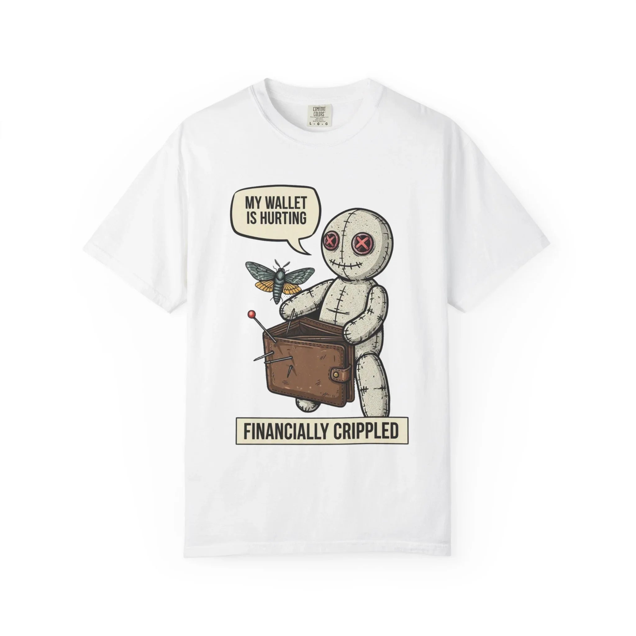 Funny Voodoo Doll Broke Life Shirt - Sarcastic "Financially Crippled" Graphic Tee - Retro Dark Humor Wallet T-Shirt - Vintage Aesthetic Streetwear Gift - Relatable Financial Struggle Mood Shirt