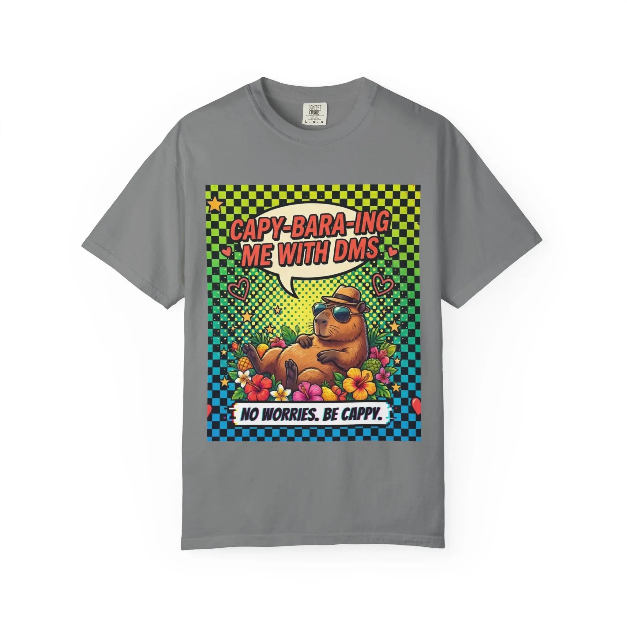 Capybara Relaxing Cartoon T-Shirt | Capy-bara-ing Me With DMs Tee | No Worries Be Cappy | Viral Meme Humor Gift Shirt Grey