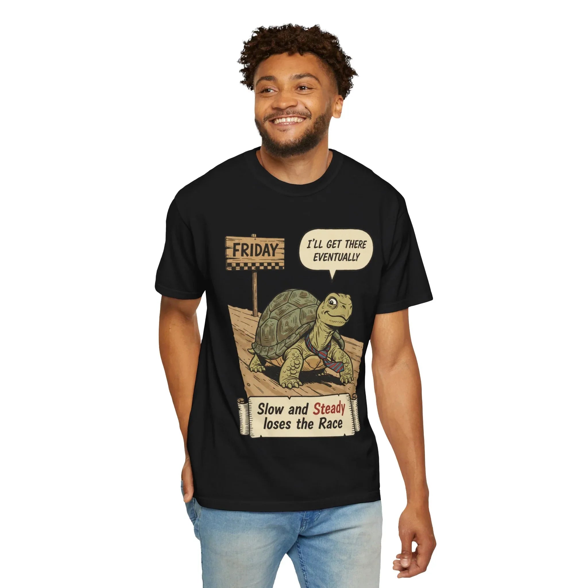 Funny Friday Shirt - Office Humor Gift for Coworker - Turtle Lover Tee - "Slow and Steady Loses the Race" - Retro Weekend Vibes - Work Bestie Gift - Tired Professional Top