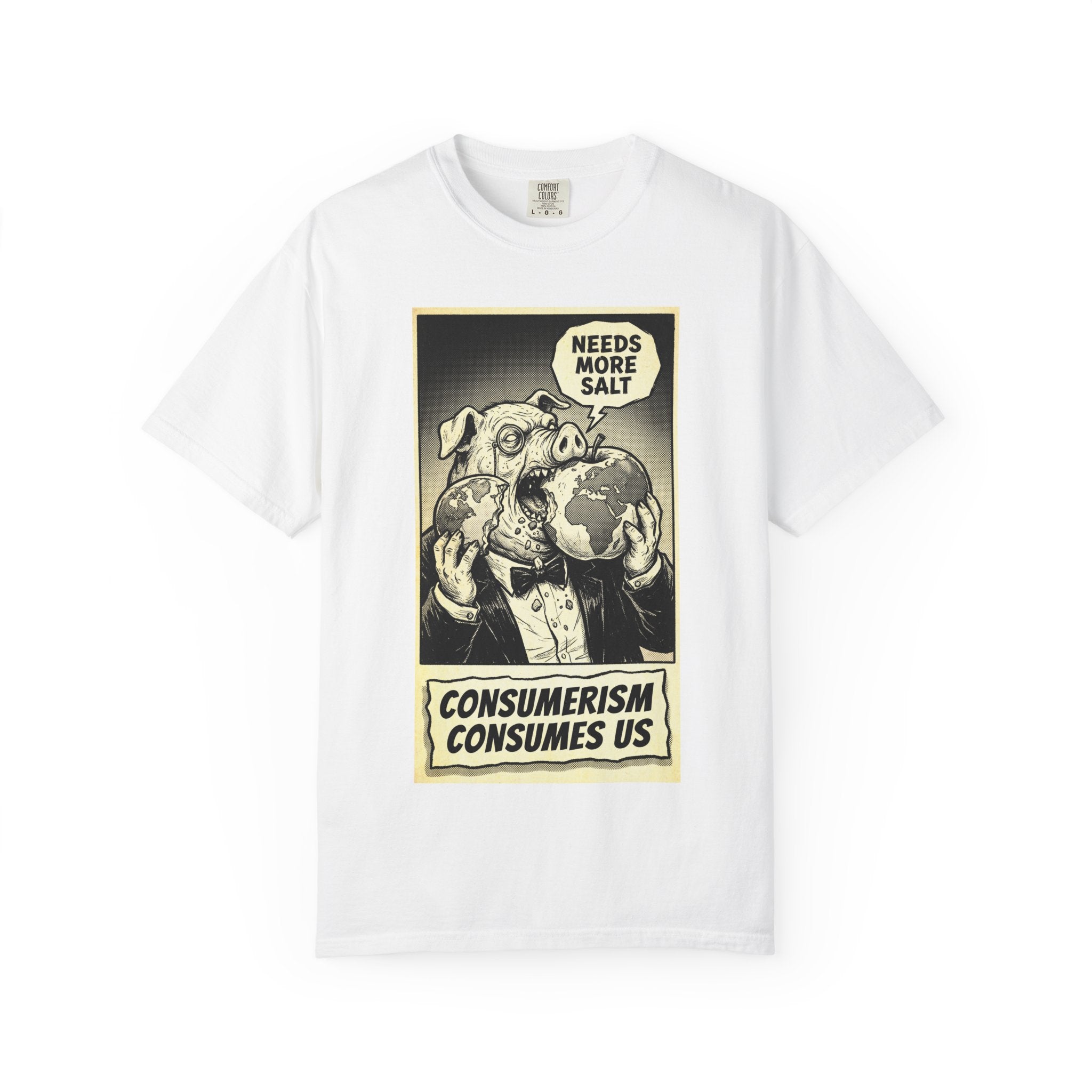 Consumerism Consumes Us T-Shirt | Vintage Satire Corporate Pig Graphic Tee | Anti-Capitalism Activist Apparel White