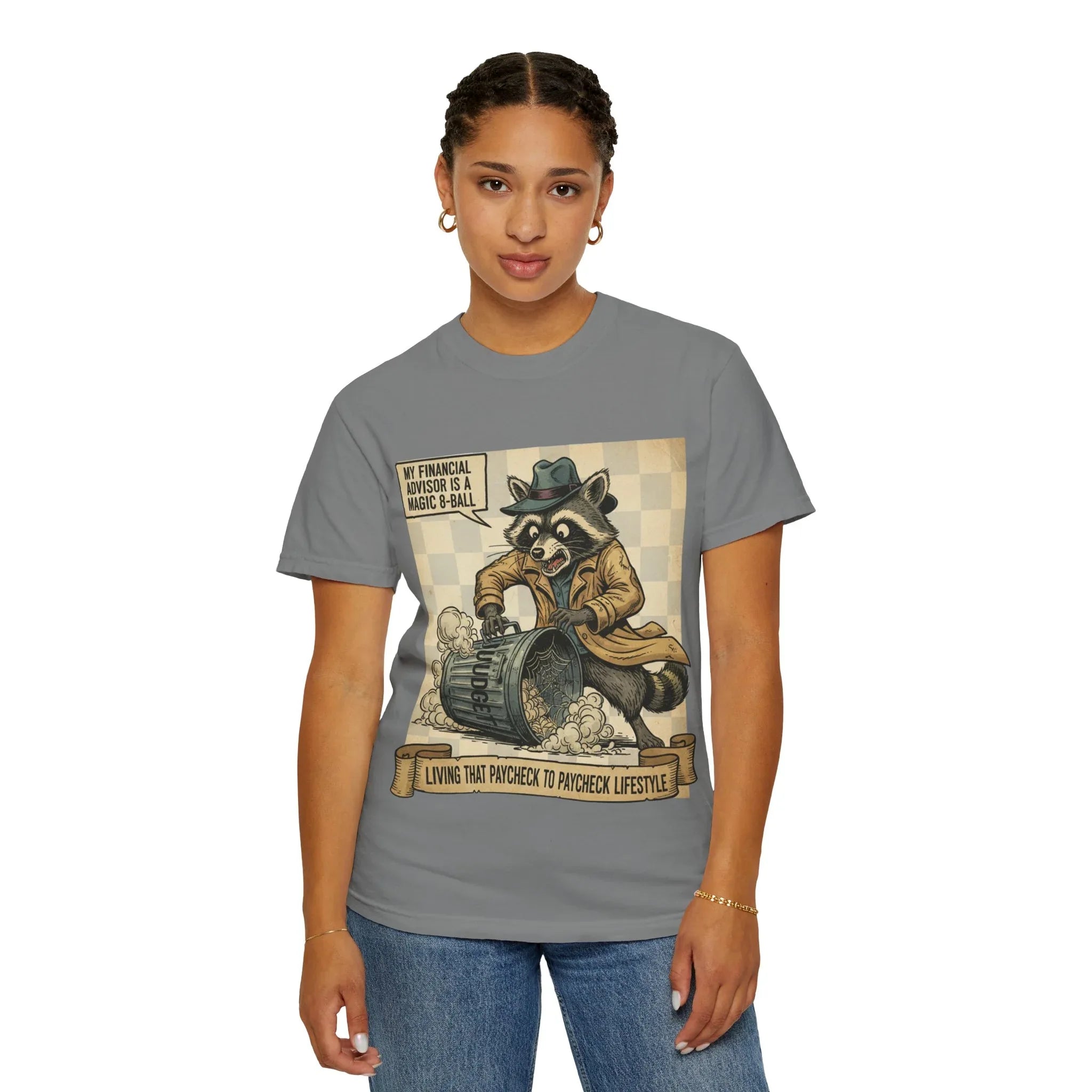 Funny Raccoon Financial Advisor Shirt - Paycheck to Paycheck T-Shirt - Broke Millennial Humor Sweatshirt - Sarcastic Inflation Trash Panda Tee - Relatable Money Struggle Top Grey