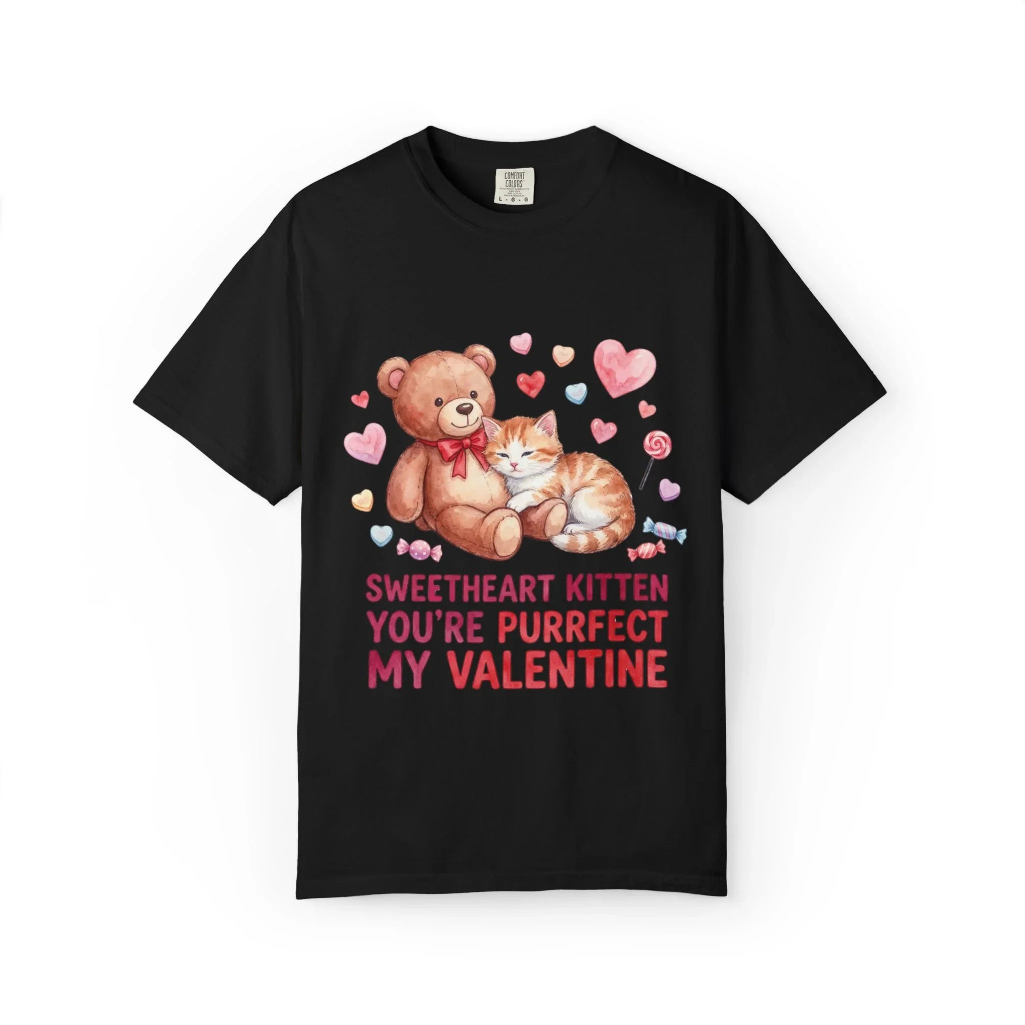 Sweetheart Kitten Youre Purrfect My Valentine T Shirt Cute Cat Teddy Bear Hearts Watercolor Cozy Vintage Aesthetic Gift Cat Lovers Black
